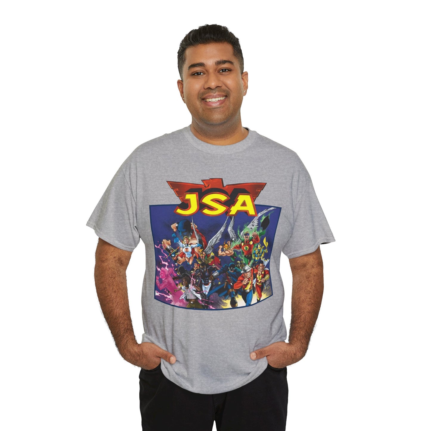 JSA T-Shirt - Carlos Pacheco Art - Green Lantern, Power Girl, Hawkgirl, Black Adam, Flash, Dr Fate, Hawkman - DC Comics - Justice Society of America