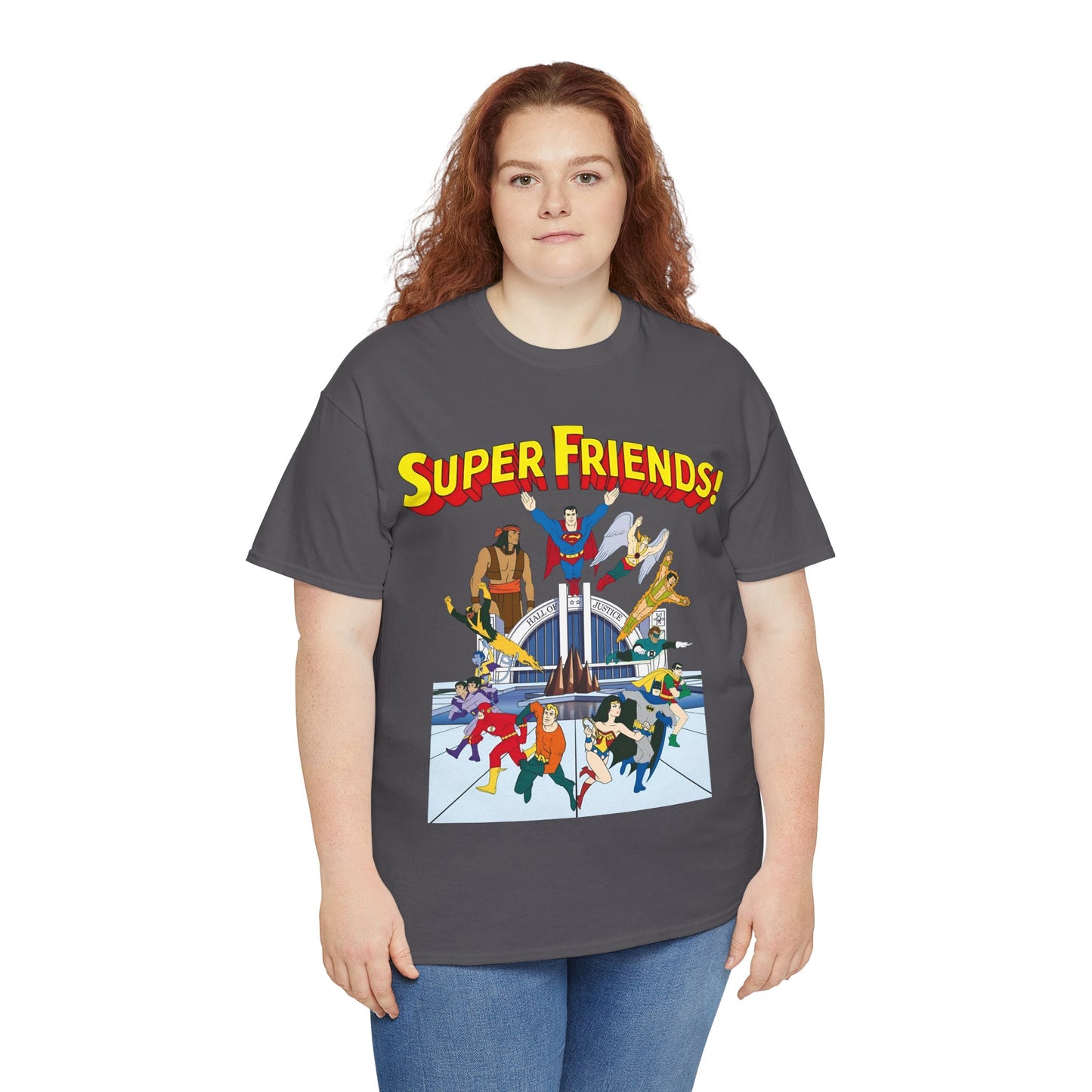 Super Friends T-Shirt - DC Hanna-Barbera - Superman, Wonder Woman, Black Vulcan, Batman, The Wonder Twins, Apache Chief, Hall of Justice