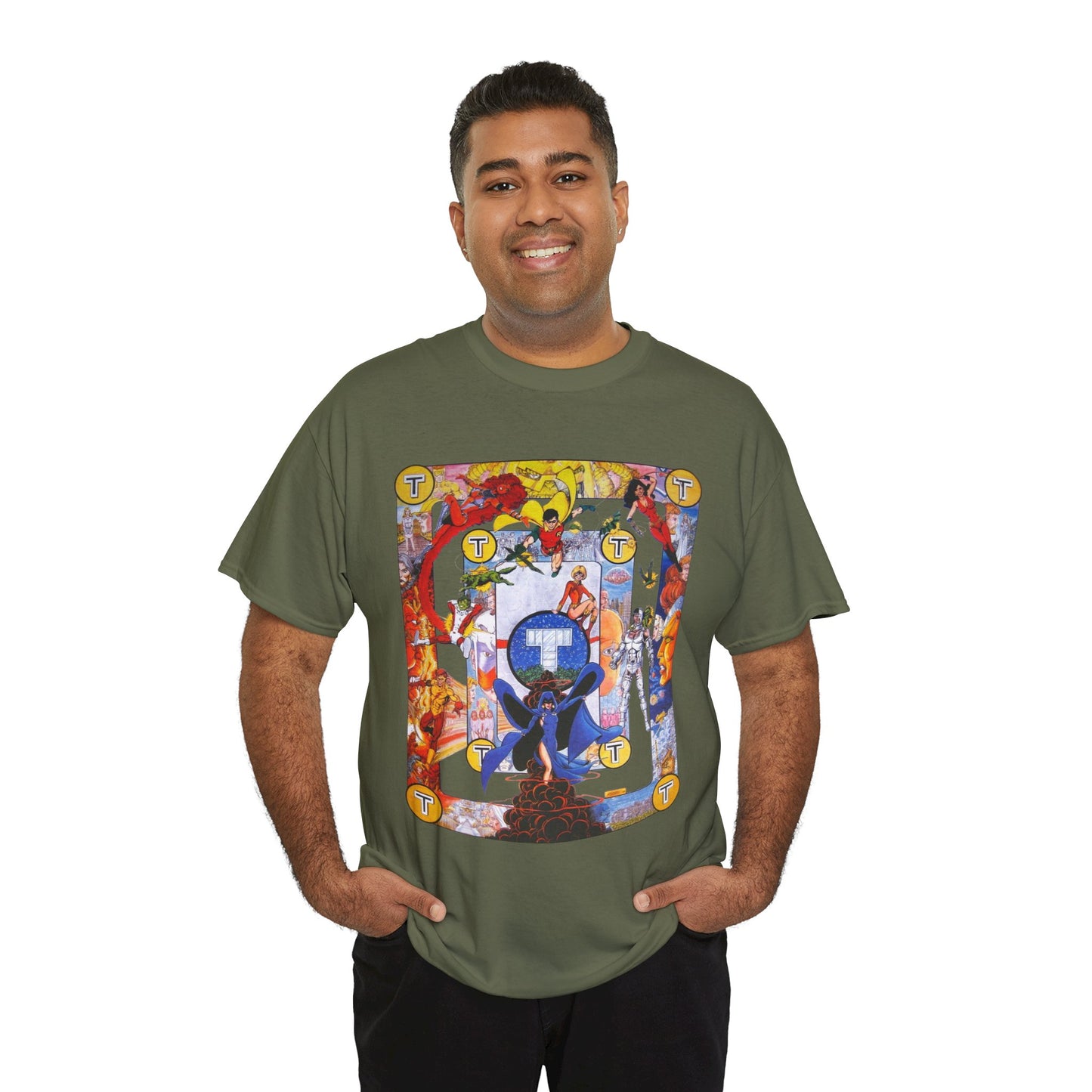 New Teen Titans Poster T-Shirt - George Perez Art - Cyborg, Raven, Robin, Terra, Wonder Girl, Changeling, Kid Flash, Deathstroke, Blackfire - DC Comics