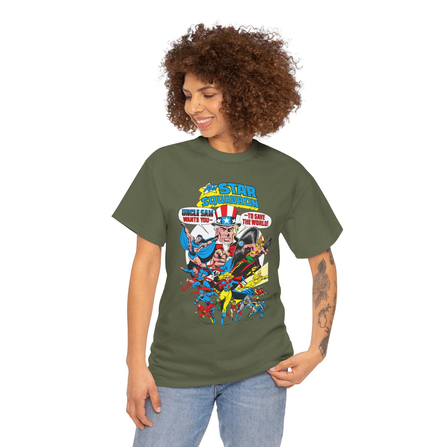 All-Star Squadron T-Shirt - Jerry Ordway Art - Uncle Sam, Hawkman, Superman, Liberty Belle, Black Condor, the Ray, Batman, Plastic Man - JSA Link - DC Comics
