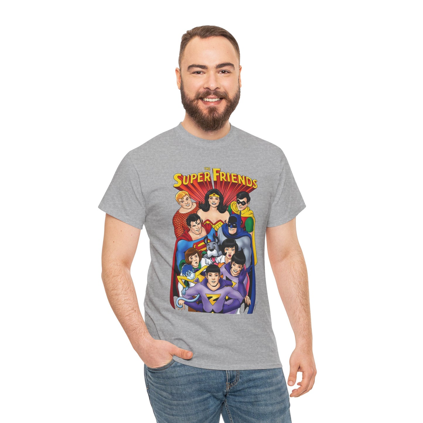 Super Friends T-Shirt - Kevin Maguire Art - Wonder Twins, Gleek, Superman, Wonder Woman Batman - DC Comics - Based on 1970s Hanna-Barbera Cartoon