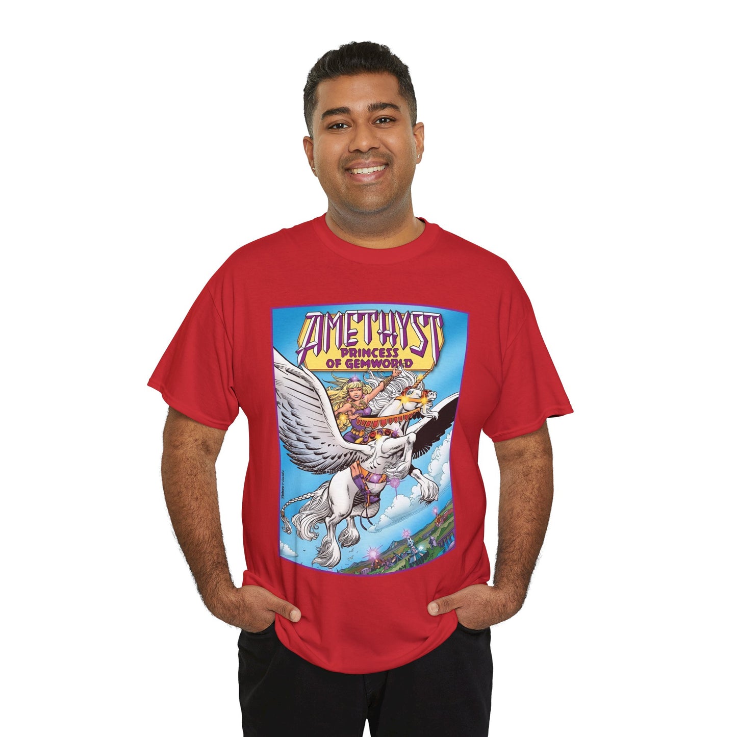 Amethyst Princess of Gemworld T-Shirt - George Perez Art - DC Comics 1980s Series - Riding a Unicorn