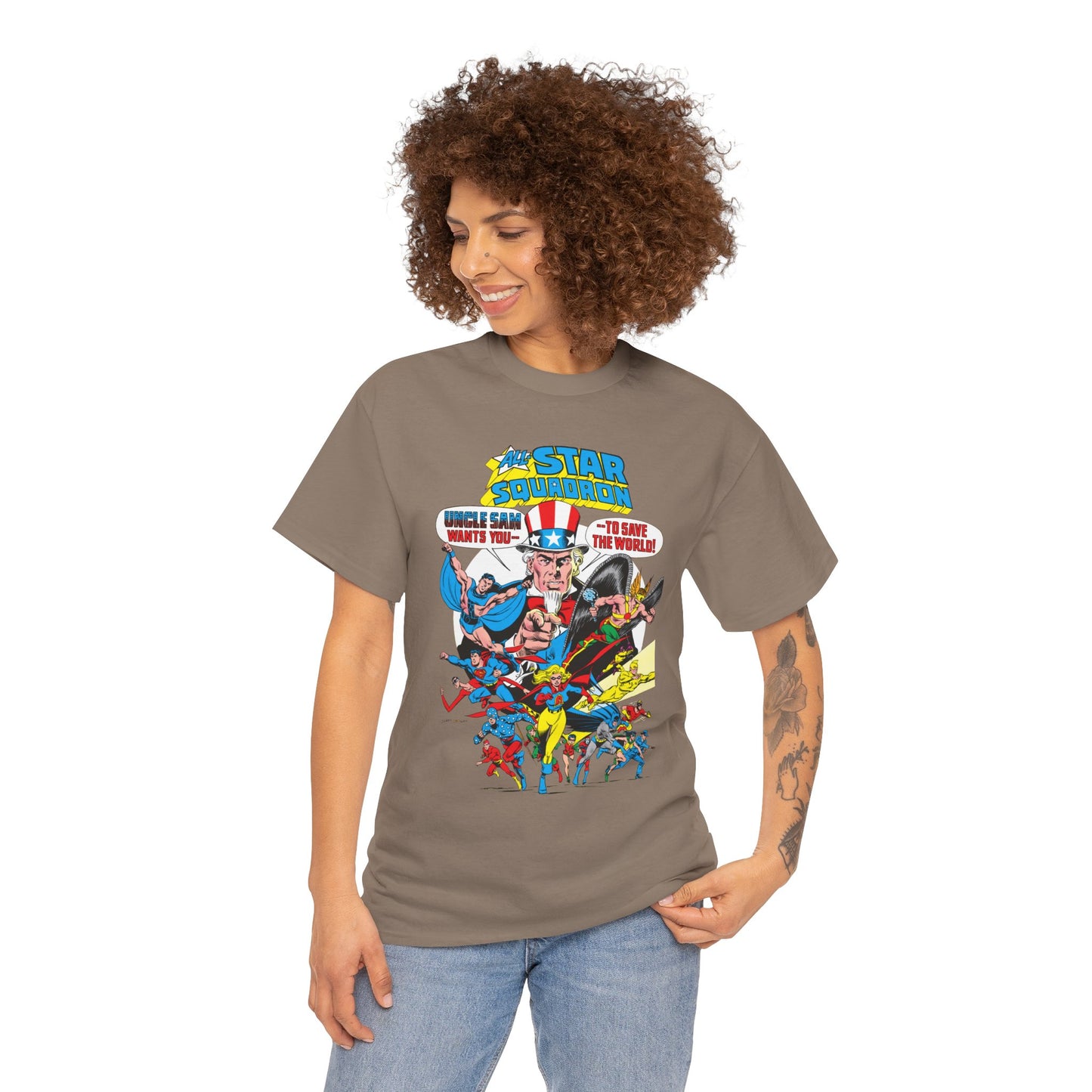 All-Star Squadron T-Shirt - Jerry Ordway Art - Uncle Sam, Hawkman, Superman, Liberty Belle, Black Condor, the Ray, Batman, Plastic Man - JSA Link - DC Comics