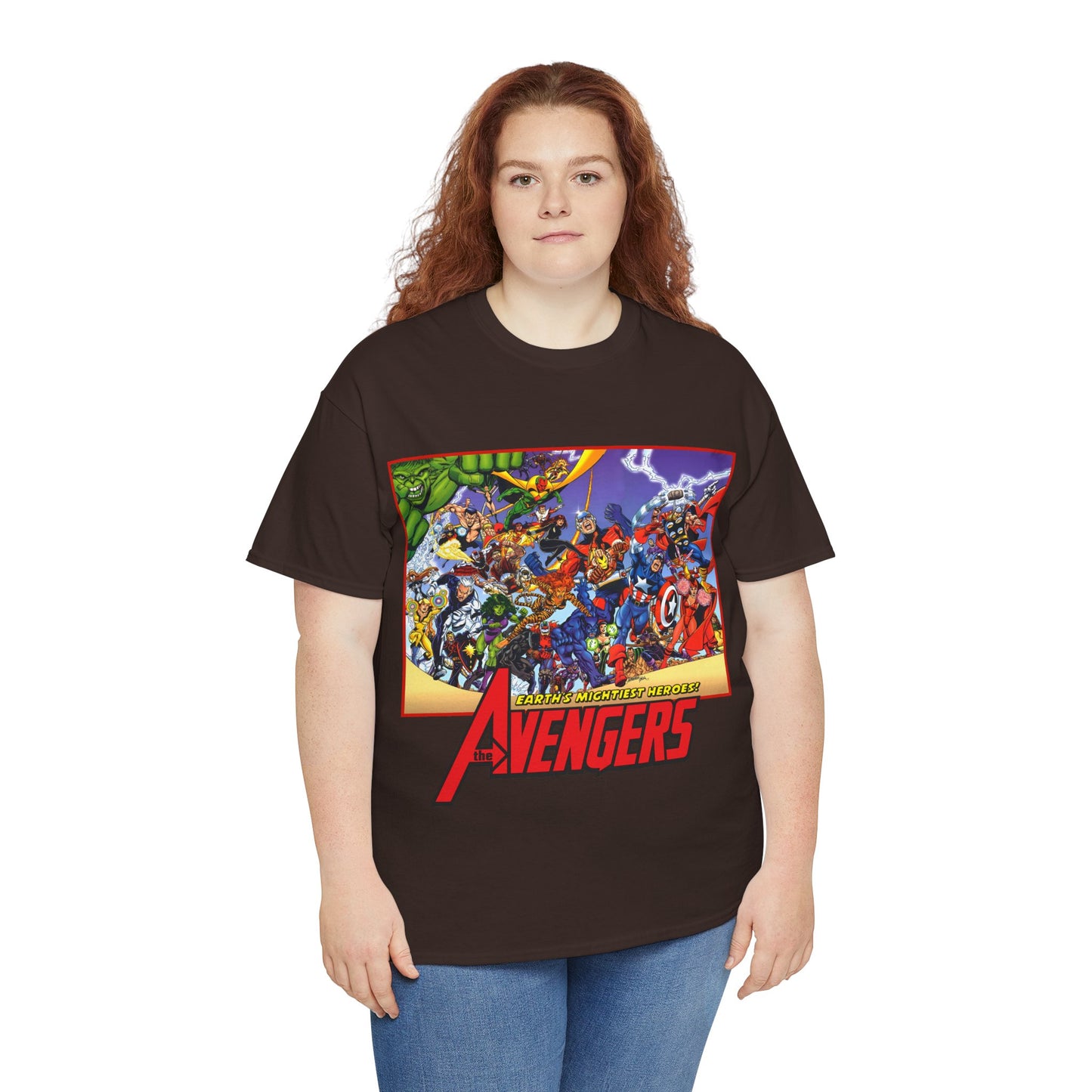 Avengers T-Shirt - George Perez Art - Marvel Comics - Captain America, Iron Man, Thor, She-Hulk, Hawkeye, Vision, Quicksilver - Classic Cover