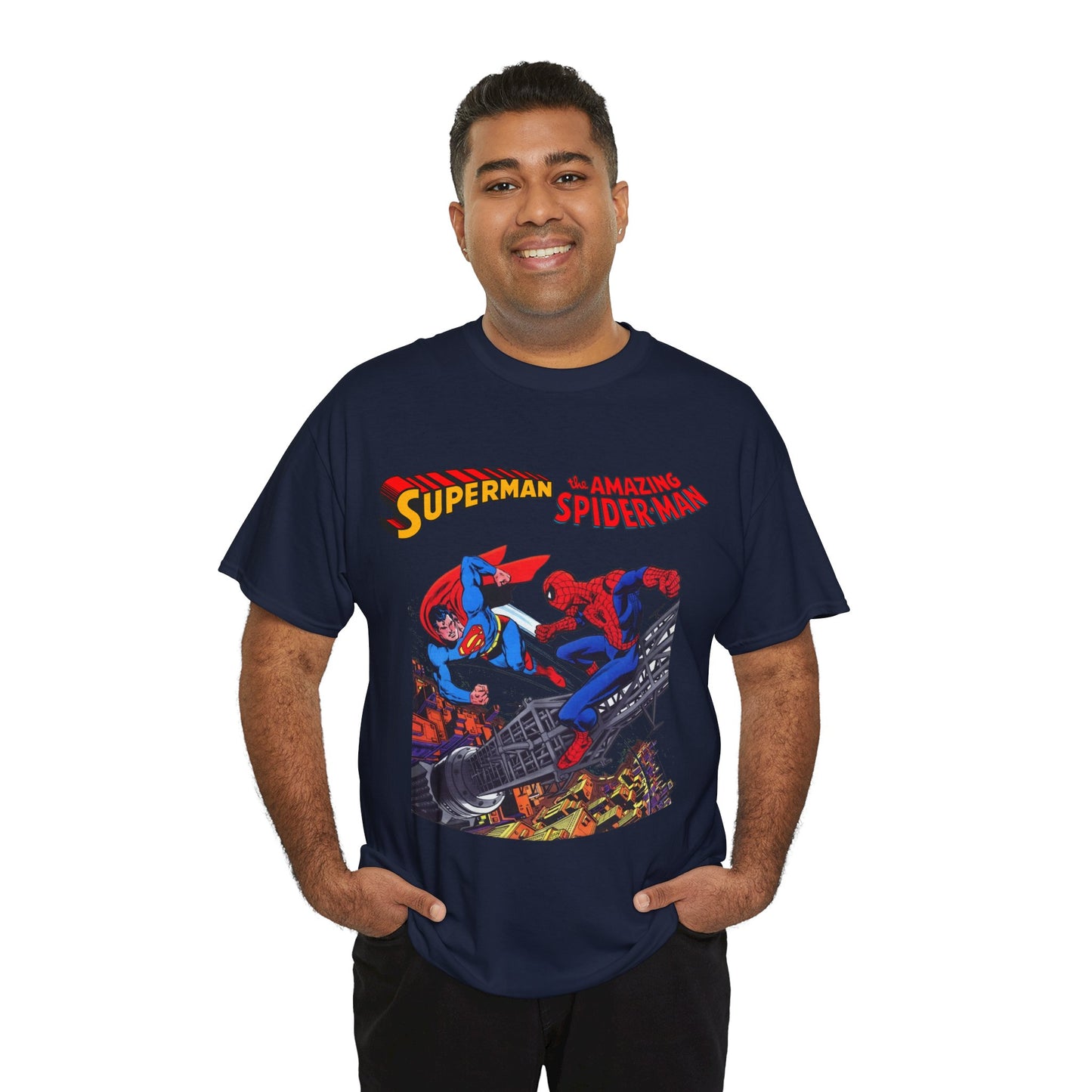 Superman & Amazing Spider-Man T-Shirt - DC/Marvel Comics Crossover - 1970s - Clark Kent & Peter Parker