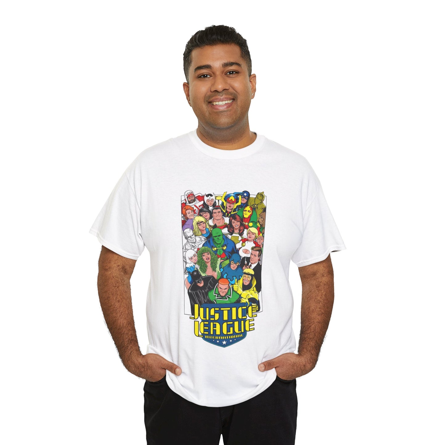 Justice League International T-Shirt - DC Comics - JLI - Kevin Maguire Art - Blue Beetle, Booster Gold, Martian Manhunter, Captain Atom