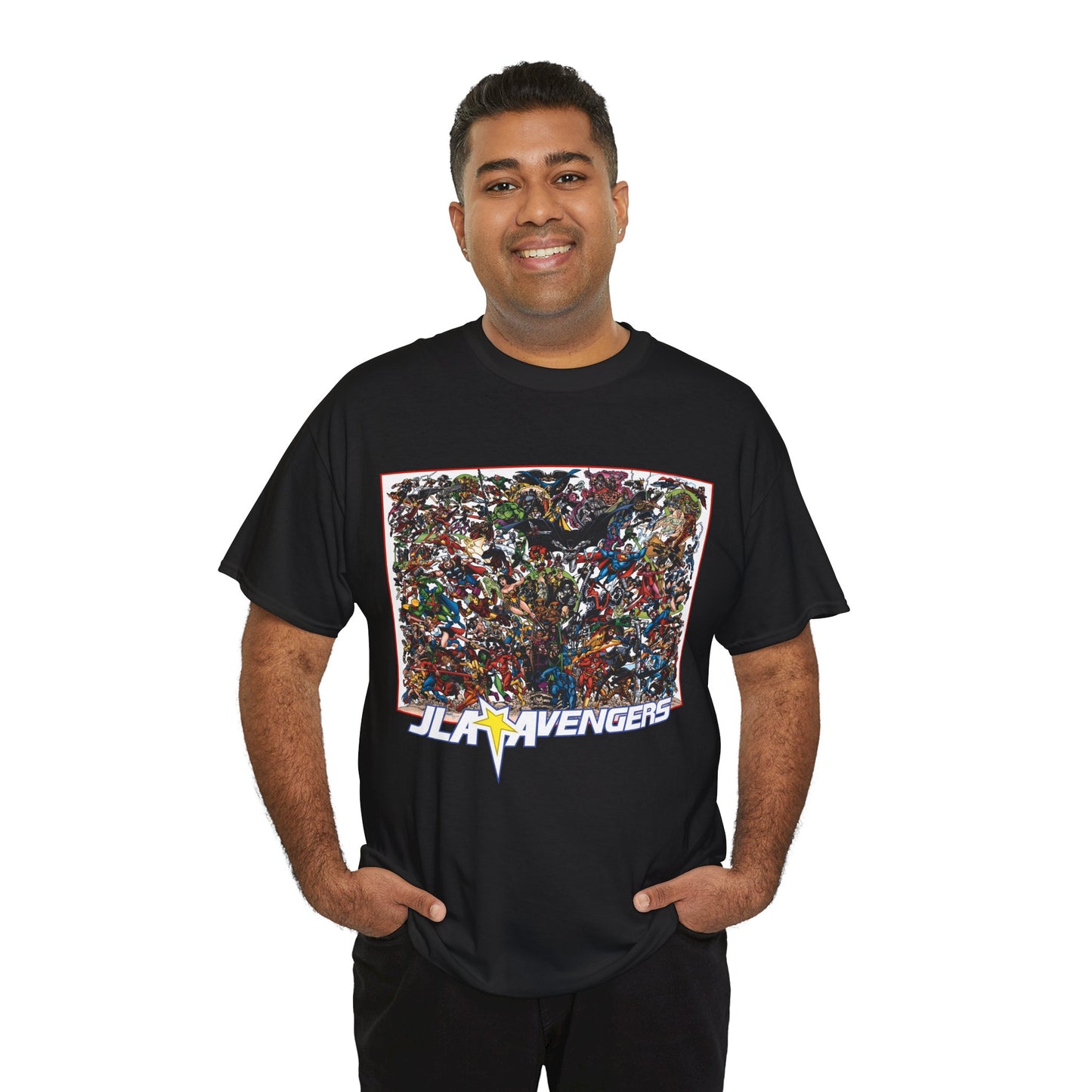JLA Vs Avengers T-Shirt - Stunning, Classic George Perez Art - DC & Marvel 200s Crossover - Superman, Thor, Wonder Woman, Captain America, Flash, Black Panther, Iron Man, Batman