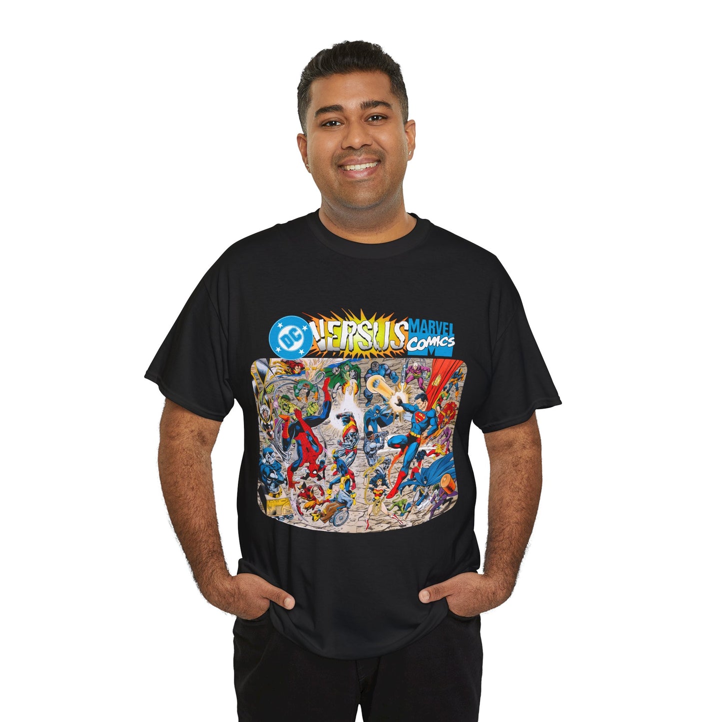 DC Comics Vs Marvel T-Shirt - John Byrne Art - Spider-Man, Raven, Cyborg, Wolverine, Joker, Superman, Batman, Deathstroke, Darkseid