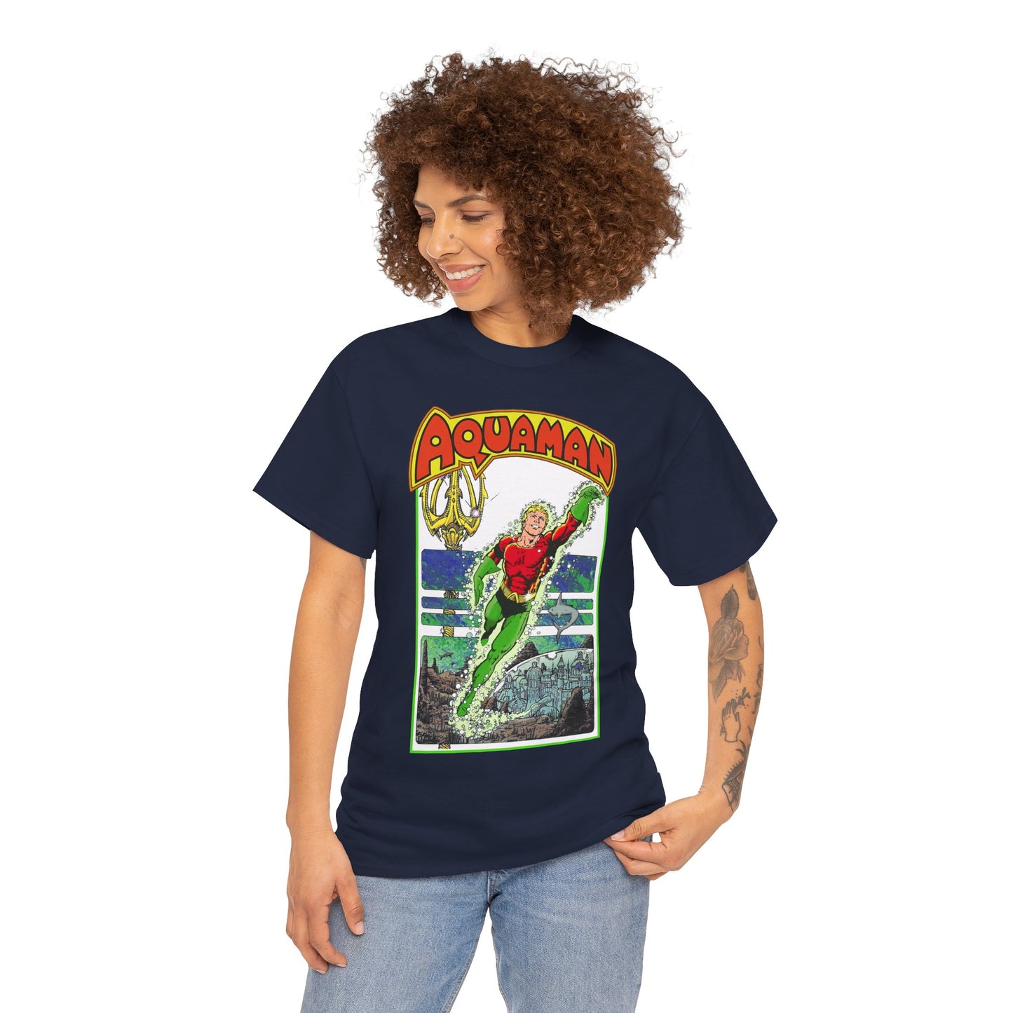 Aquaman T-Shirt - George Perez Art -Justice League 1980s Postcard Series - Arthur Curry - King of Atlantis - JLA - DC Comics