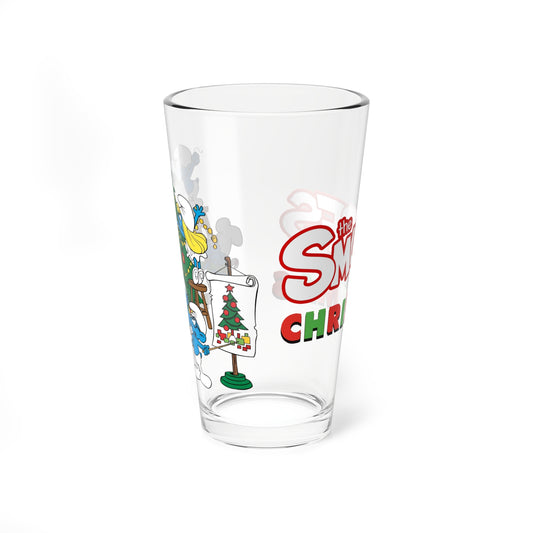 Smurfs Christmas Cartoon Pint Glass, 16oz Hanna-Barbera Smurfette Brainy Smurf Retro Festive Holiday Barware