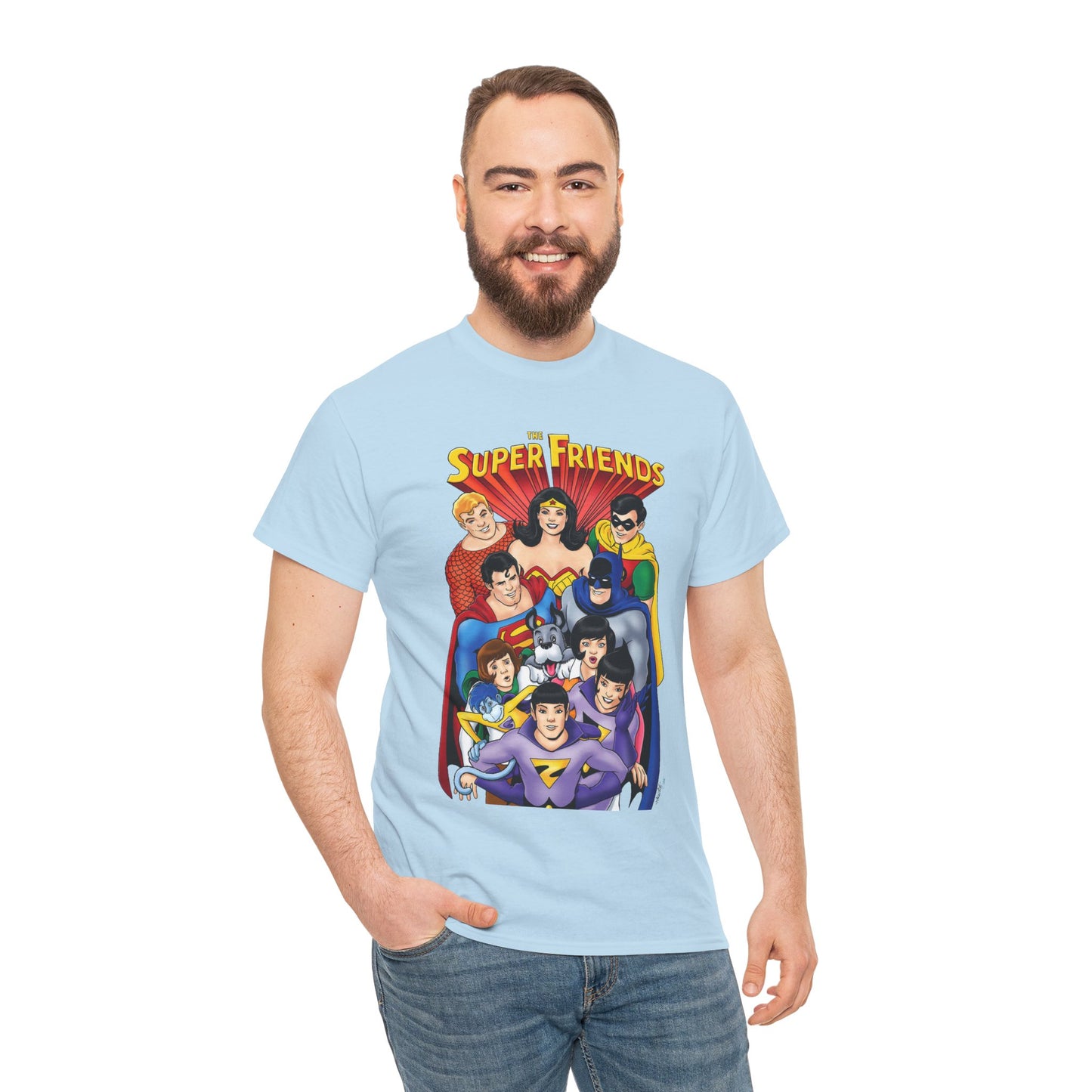 Super Friends T-Shirt - Kevin Maguire Art - Wonder Twins, Gleek, Superman, Wonder Woman Batman - DC Comics - Based on 1970s Hanna-Barbera Cartoon