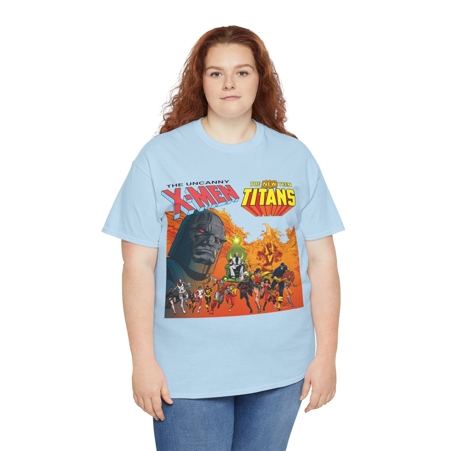 X-Men & New Teen Titans T-Shirt - Walt Simonson Art - Marvel & DC Comics Crossover - Wolverine, Raven, Storm, Cyclops, Robin, Cyborg, Colossus, Dark Phoenix, Darkseid