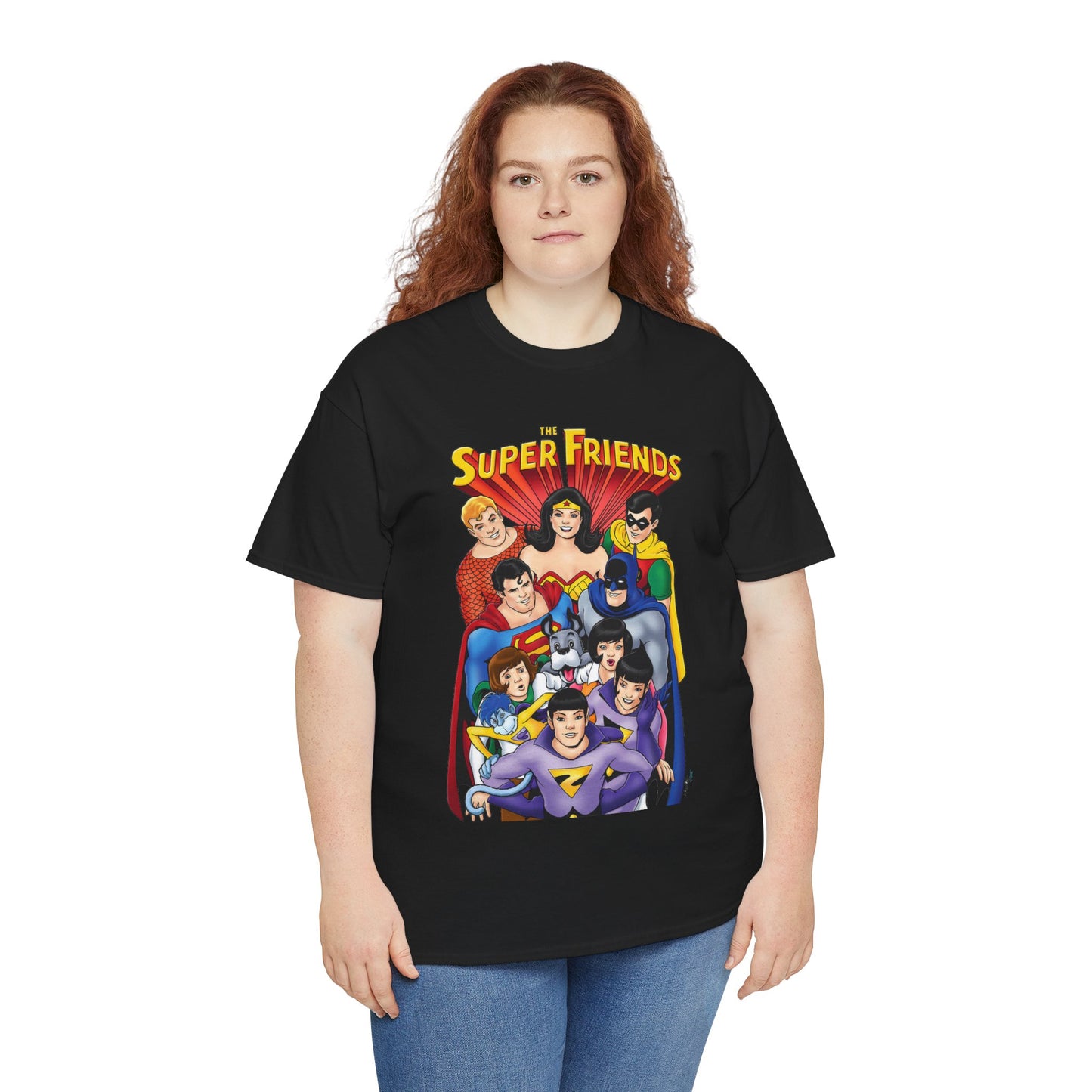 Super Friends T-Shirt - Kevin Maguire Art - Wonder Twins, Gleek, Superman, Wonder Woman Batman - DC Comics - Based on 1970s Hanna-Barbera Cartoon