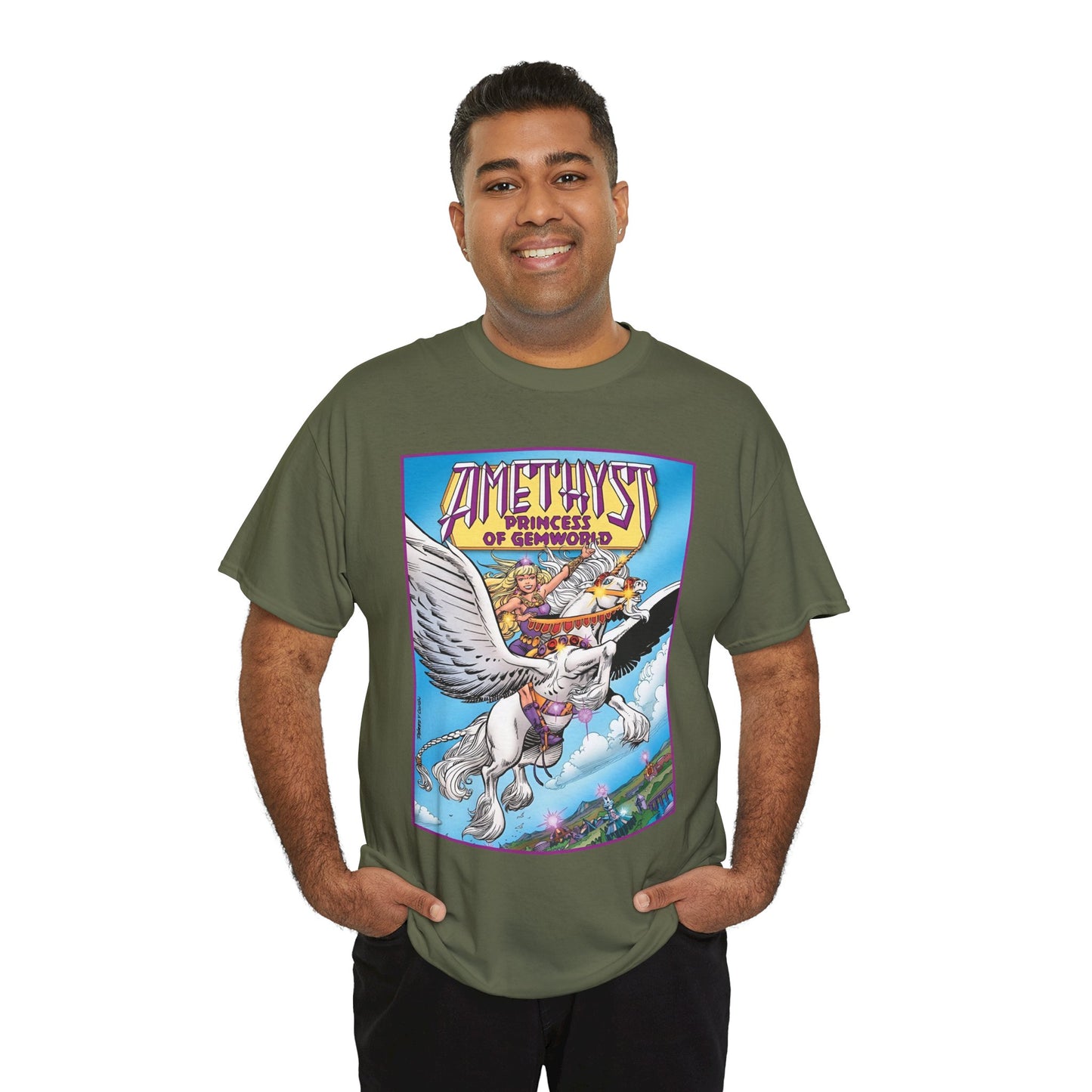 Amethyst Princess of Gemworld T-Shirt - George Perez Art - DC Comics 1980s Series - Riding a Unicorn