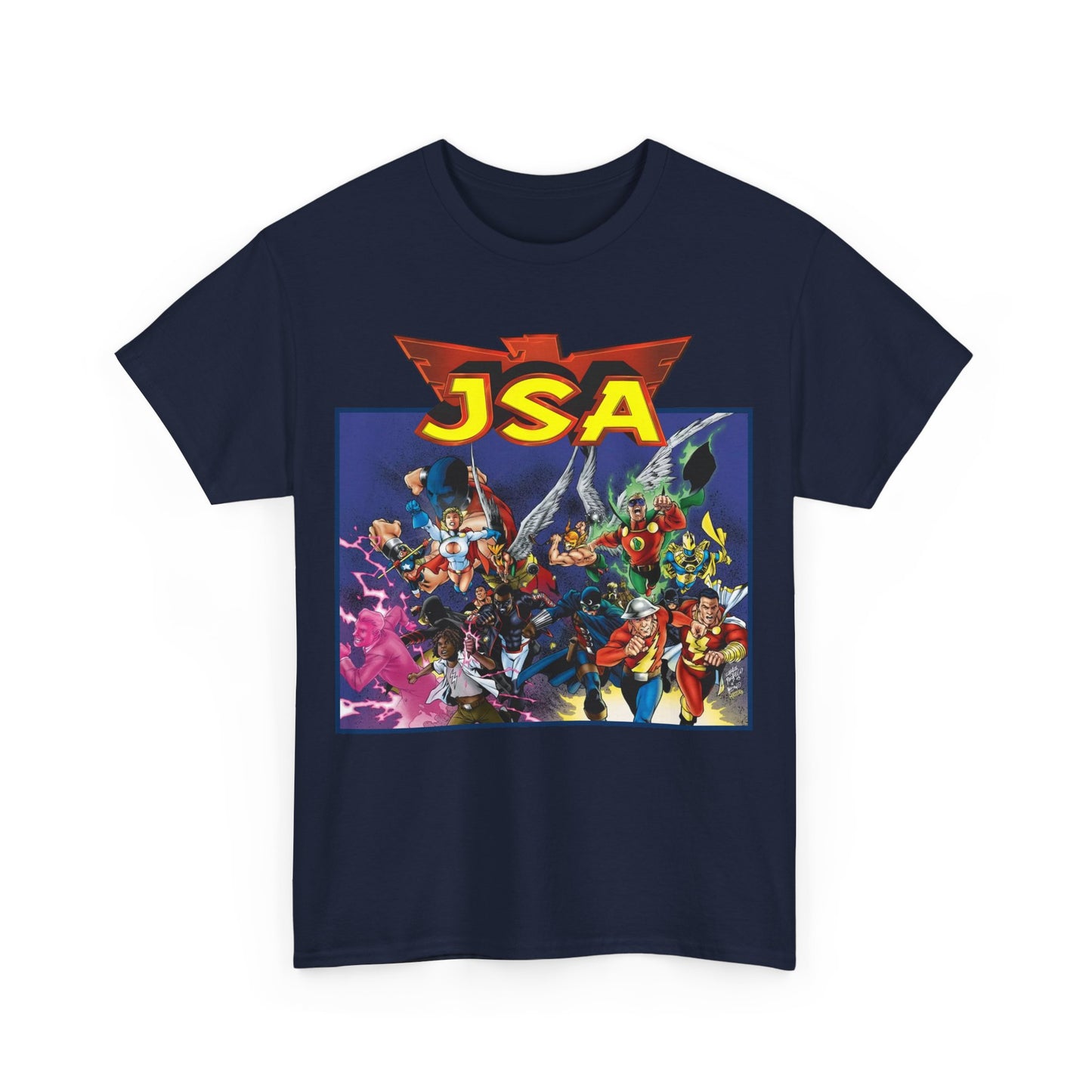 JSA T-Shirt - Carlos Pacheco Art - Green Lantern, Power Girl, Hawkgirl, Black Adam, Flash, Dr Fate, Hawkman - DC Comics - Justice Society of America