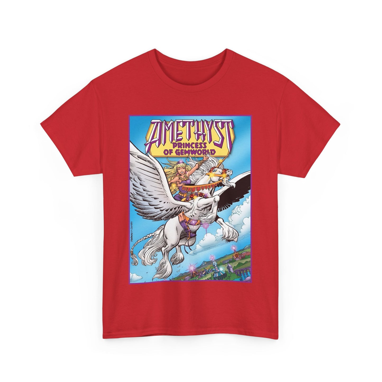 Amethyst Princess of Gemworld T-Shirt - George Perez Art - DC Comics 1980s Series - Riding a Unicorn