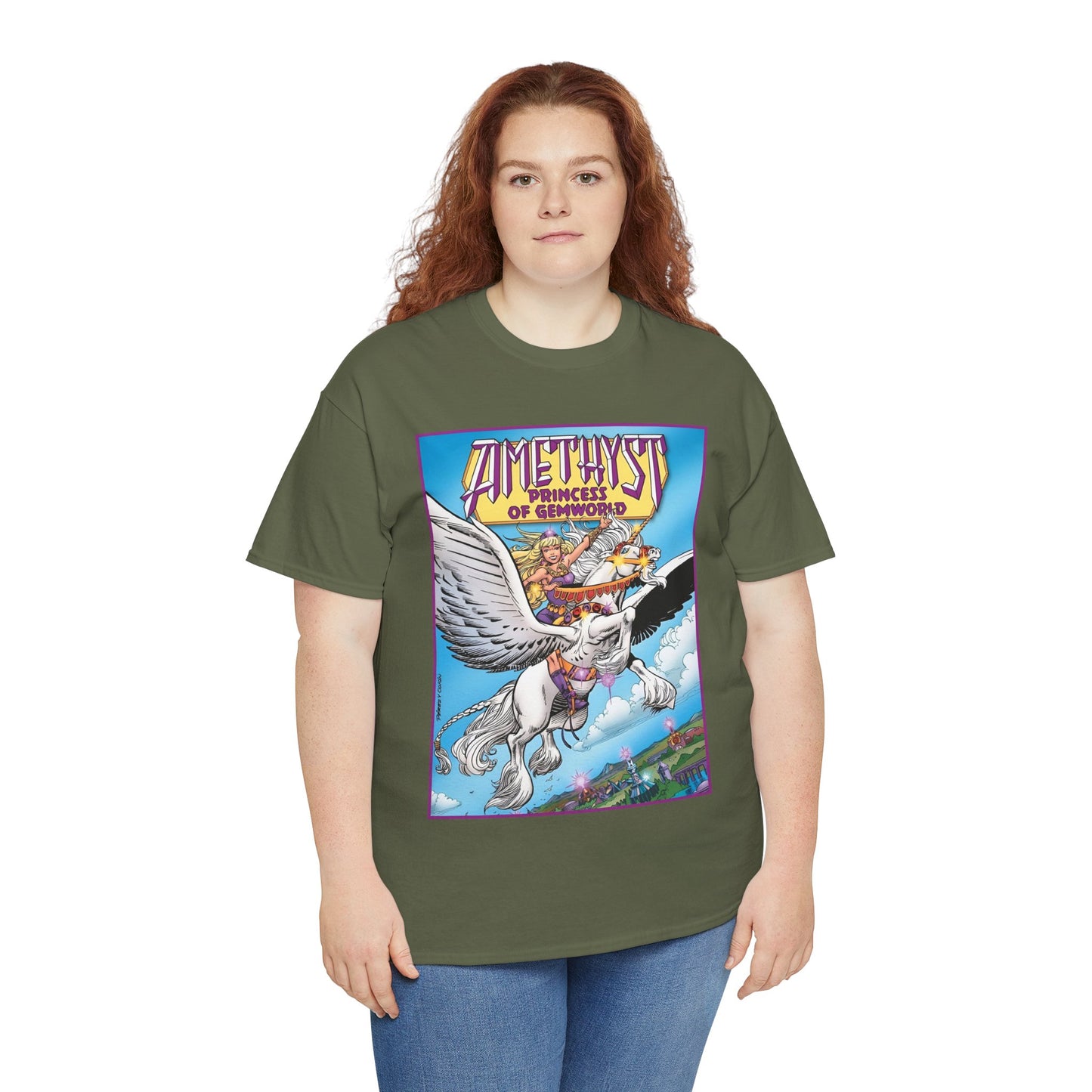 Amethyst Princess of Gemworld T-Shirt - George Perez Art - DC Comics 1980s Series - Riding a Unicorn