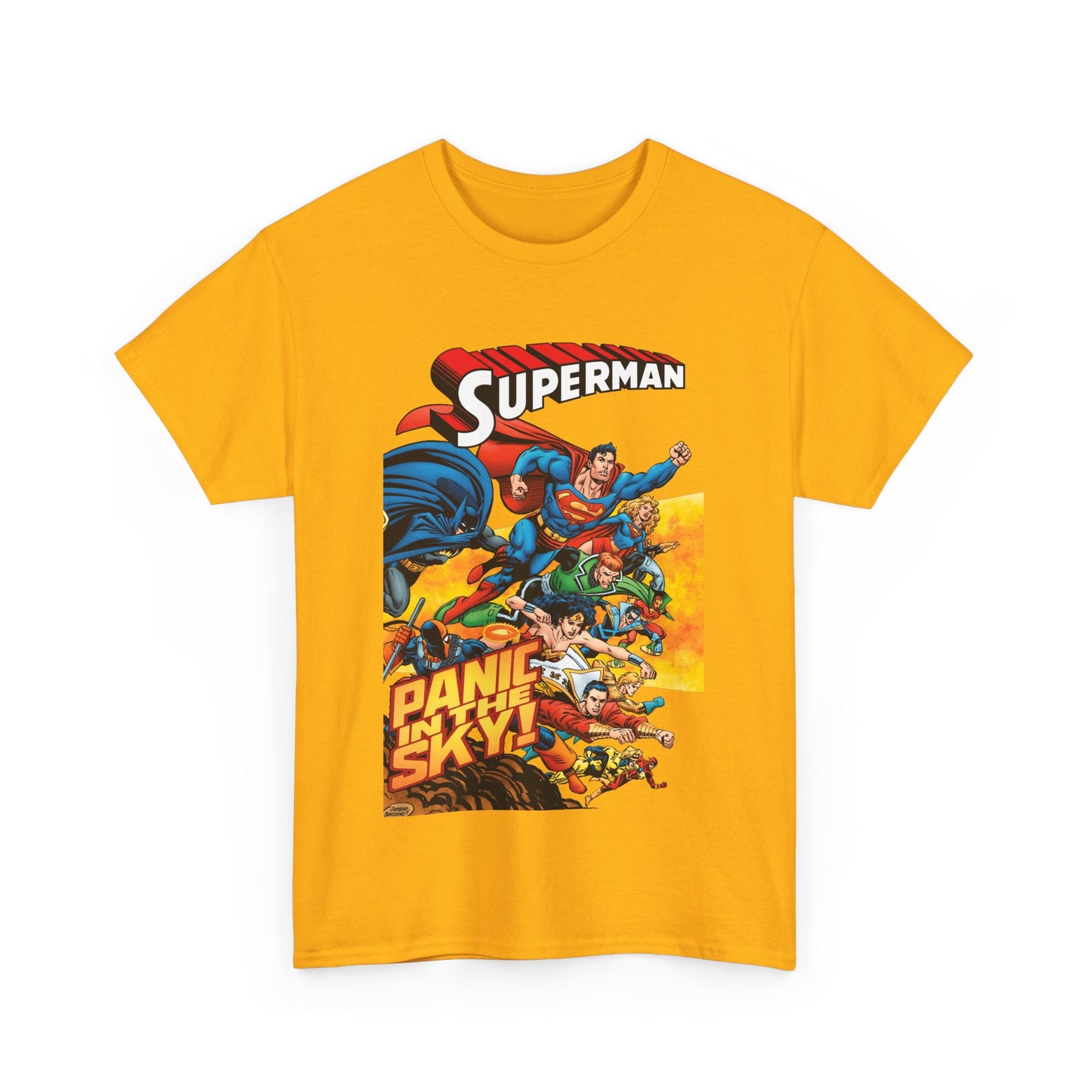 Superman - Panic in the Sky T-Shirt - Dan Jurgens Art - Vs Brainiac & Maxima - Wonder Woman, Booster Gold, Shazam, Batman, Flash, Aquaman, Supergirl - DC Comics