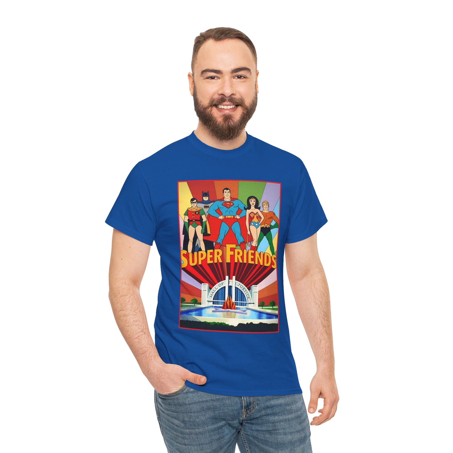 Super Friends T-Shirt - Batman, Superman, Wonder Woman, Robin - Hanna-Barbera Cartoon - DC Comics - Hall of Justice