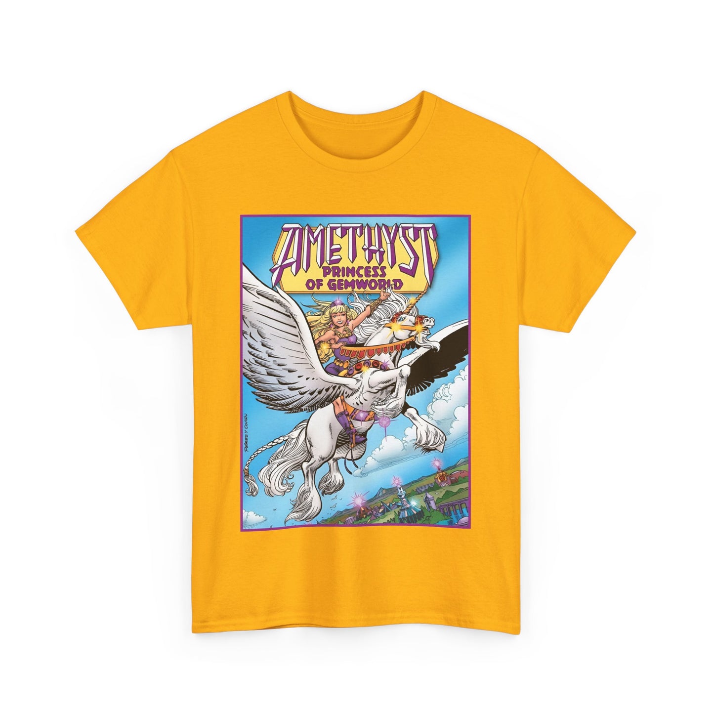 Amethyst Princess of Gemworld T-Shirt - George Perez Art - DC Comics 1980s Series - Riding a Unicorn