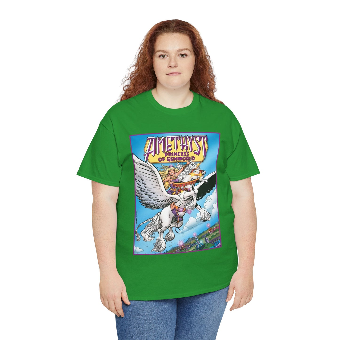 Amethyst Princess of Gemworld T-Shirt - George Perez Art - DC Comics 1980s Series - Riding a Unicorn