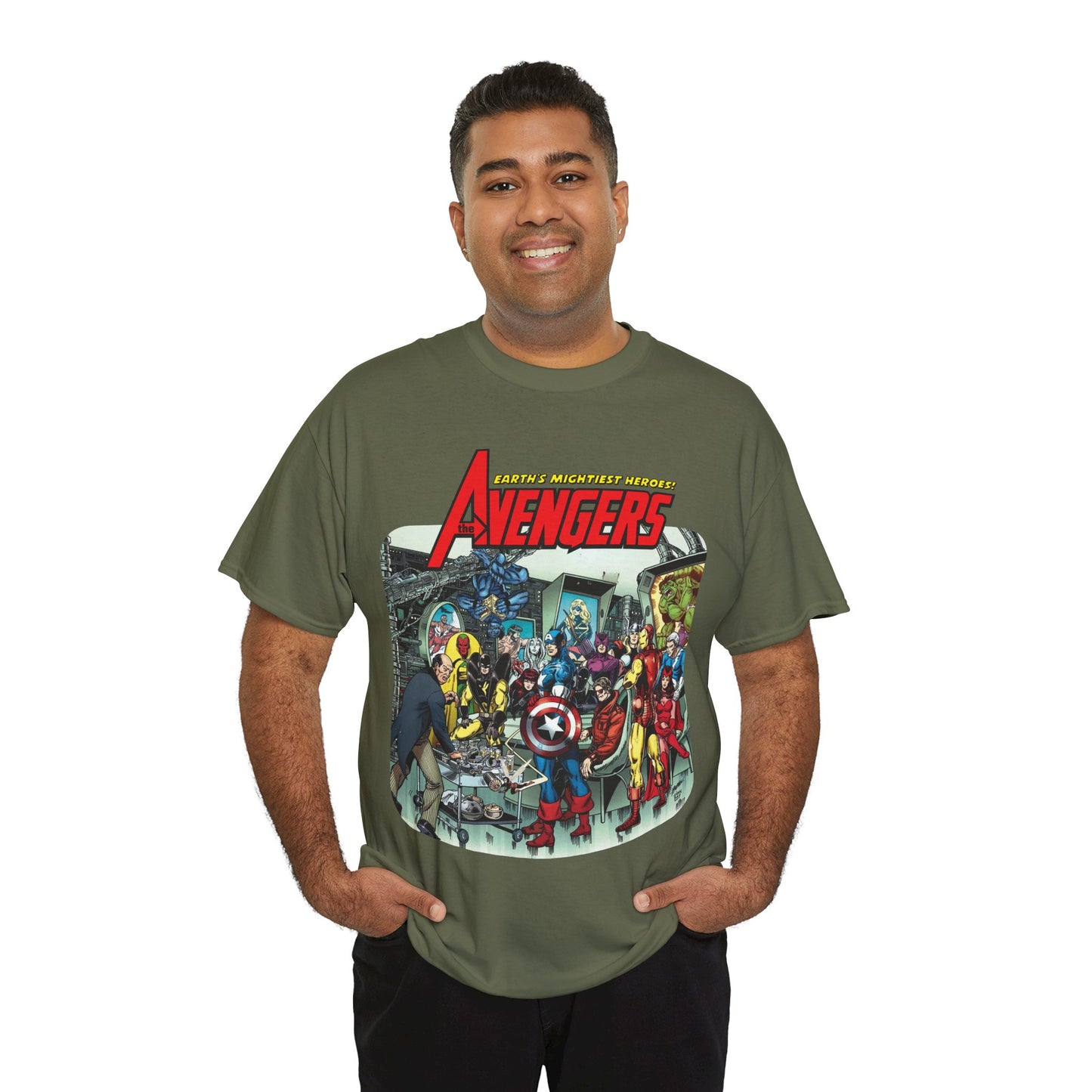 Classic Avengers T-Shirt - George Perez Art - Captain America, Hawkeye, Iron Man, Vision, Scarlet Witch, Quicksilver, Jarvis - Marvel Comics