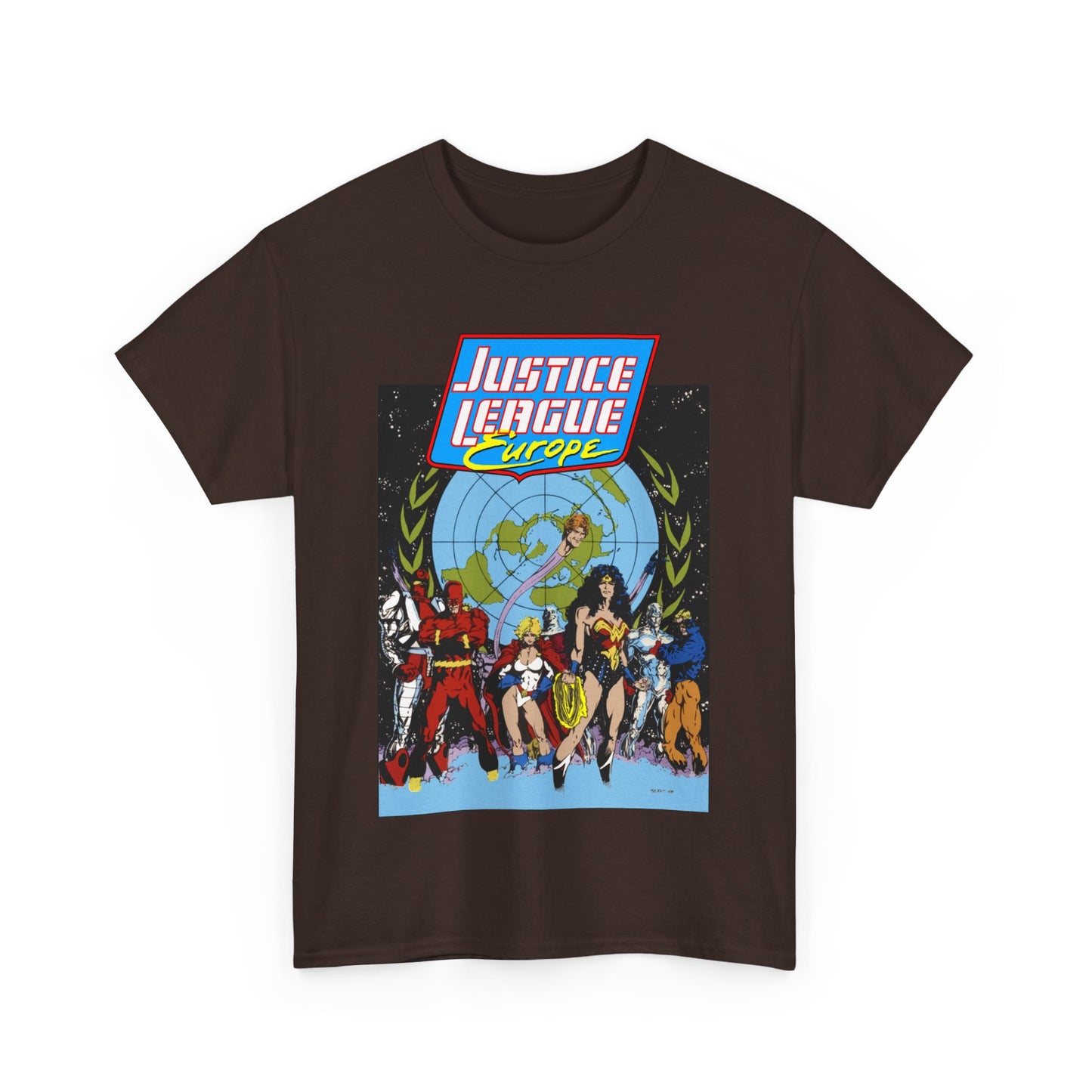 Justice League Europe T-Shirt - Bart Sears Art - Wonder Woman, Flash, Captain Atom, Animal Man, Elongated Man, Power Girl, Metamorpho - JLI Spin-Off - DC Comics