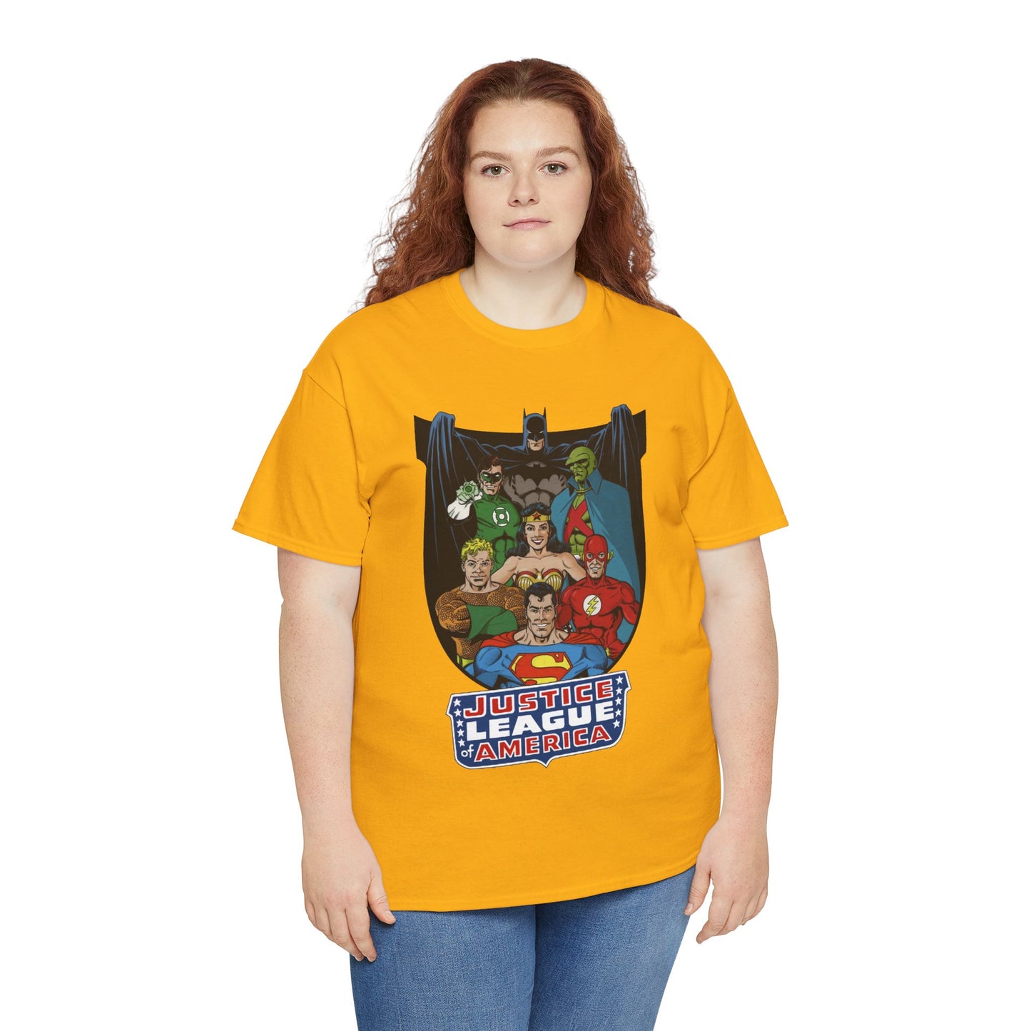 Justice League of America T-Shirt - George Perez Art - Superman, Wonder Woman, Batman, Aquaman, Martian Manhunter, Flash, Green Lantern - DC Comics