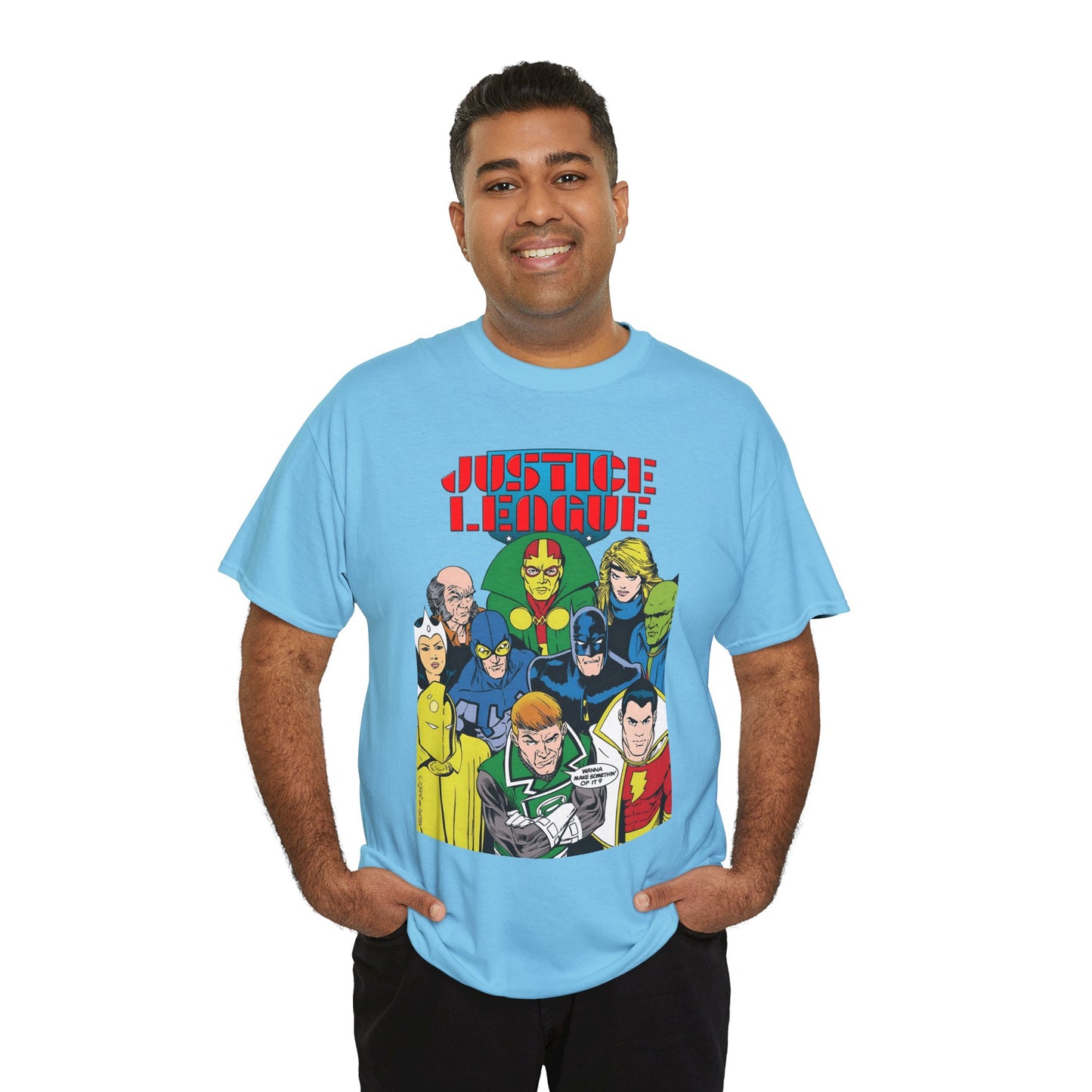 Justice League International T-Shirt - Kevin Maguire Art - JLI - DC Comics - Blue Beetle, Dr Fate, Batman, Mr Miracle, Martian Manhunter - Guy Gardner