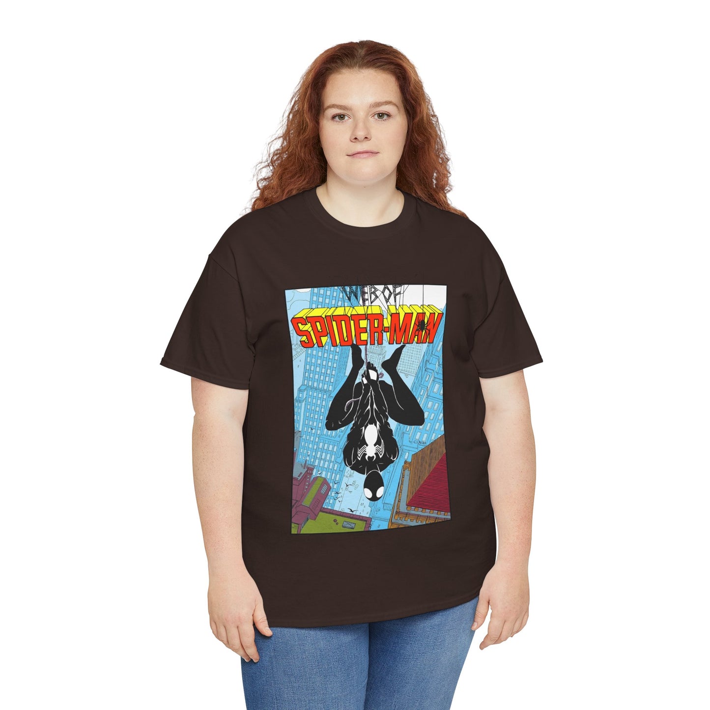Web of Spider-Man T-Shirt - Charles Vess Art - Peter Parker, Web Slinger - Manhattan Skyline - Spidey Black Suit - Marvel Comics