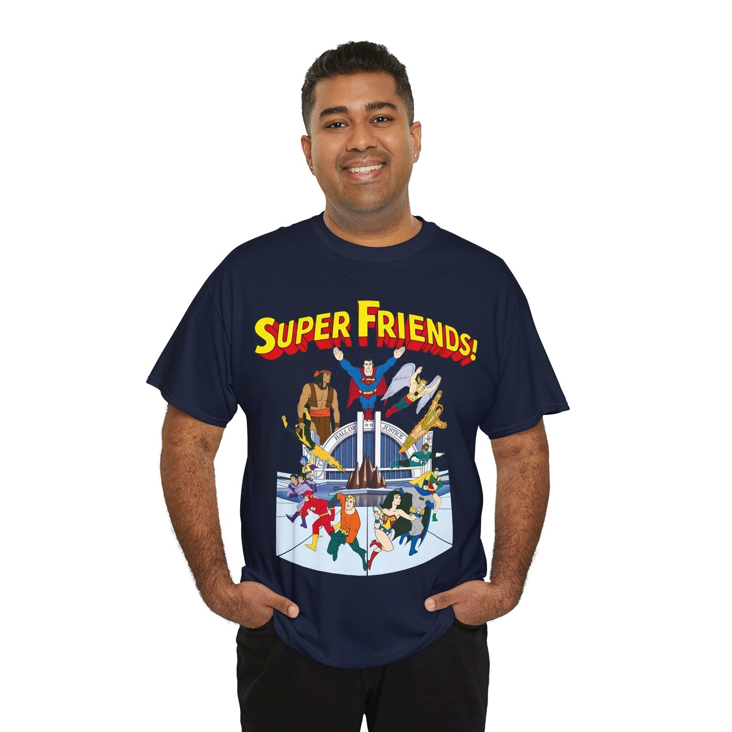 Super Friends T-Shirt - DC Hanna-Barbera - Superman, Wonder Woman, Black Vulcan, Batman, The Wonder Twins, Apache Chief, Hall of Justice