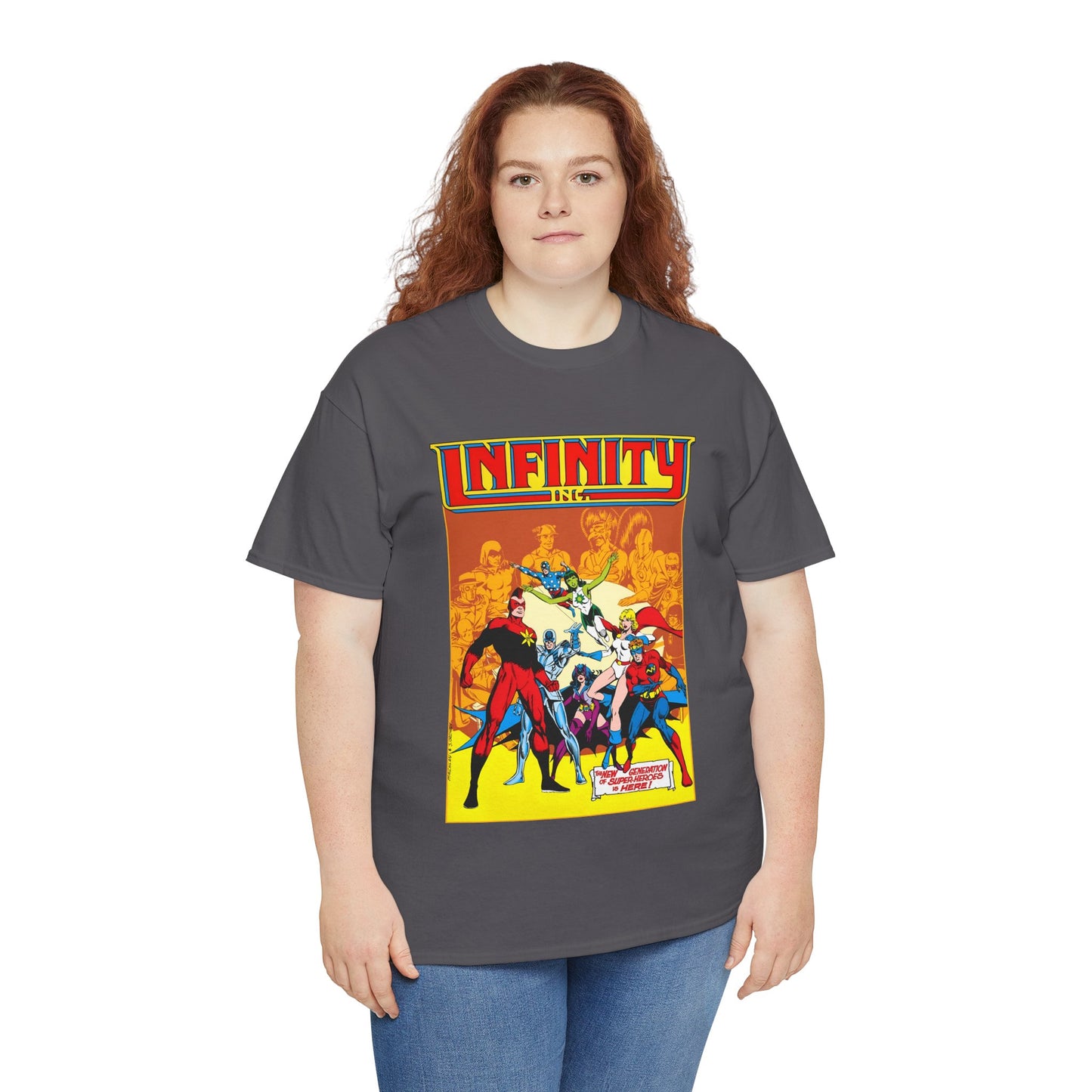 Infinity, Inc T-Shirt - Jerry Ordway Art - Silver Scarab, Huntress, Power Girl, Star-Spangled Kid, Fury, Jade - DC Comics - 1980s JSA Spin-Off Series