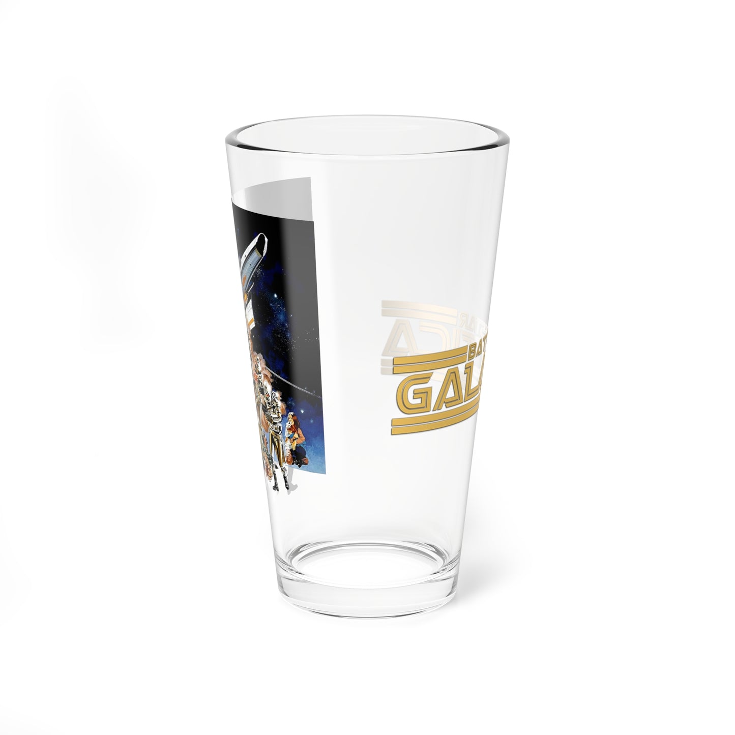 Battlestar Galactica Pint Glass, 16oz - 1978 Movie Art - Apollo, Starbuck, Adama, Baltar, Boxey, Boomer, Athena - Cylon Invasion