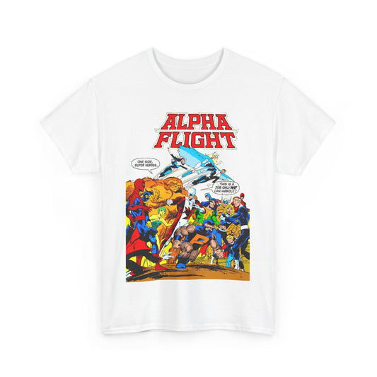 Alpha Flight T-Shirt - John Byrne Art - Sasquatch, Aurora, Northstar, Guardian, Puck, Shaman, Snowbird - Canada's Super Team - Marvel Comics