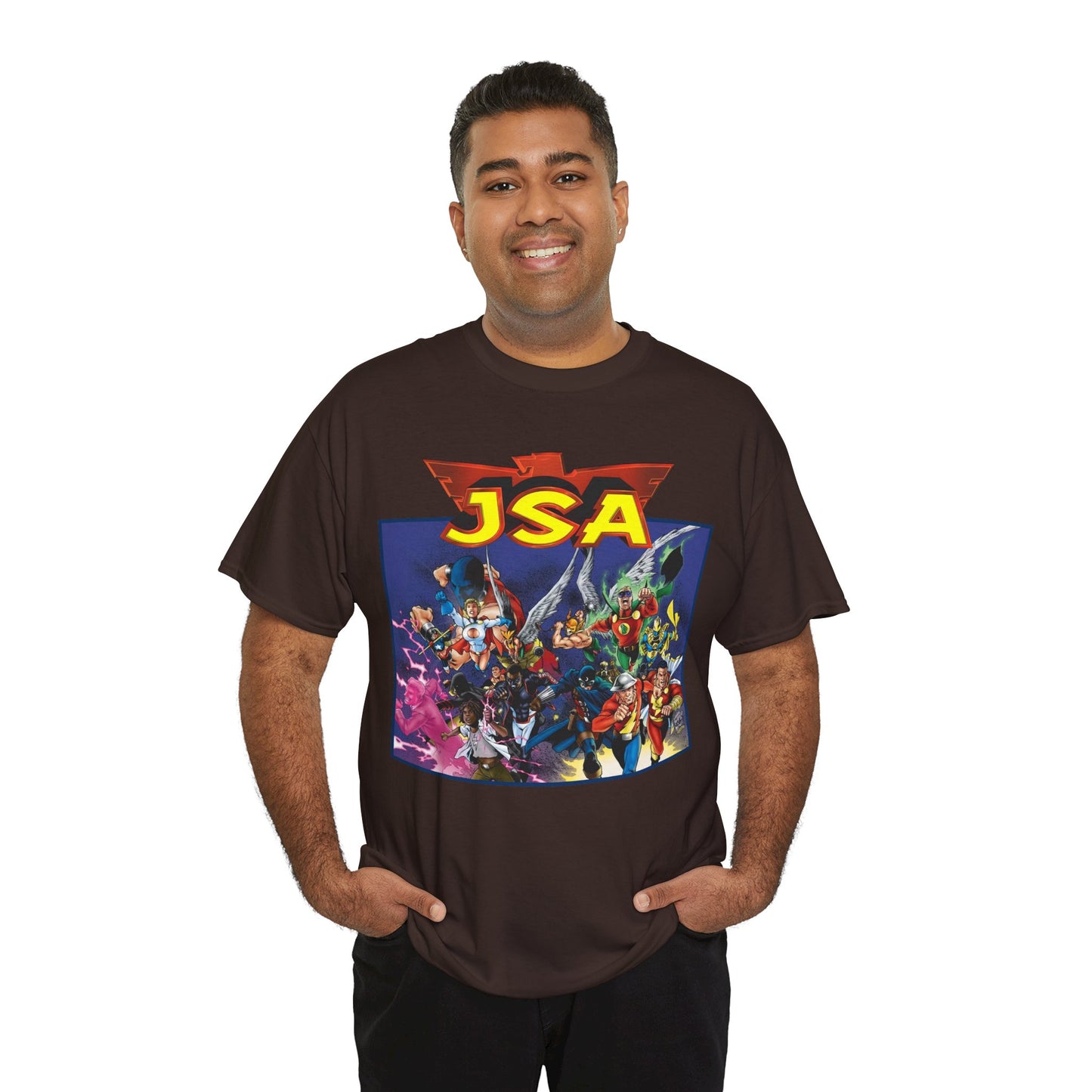 JSA T-Shirt - Carlos Pacheco Art - Green Lantern, Power Girl, Hawkgirl, Black Adam, Flash, Dr Fate, Hawkman - DC Comics - Justice Society of America