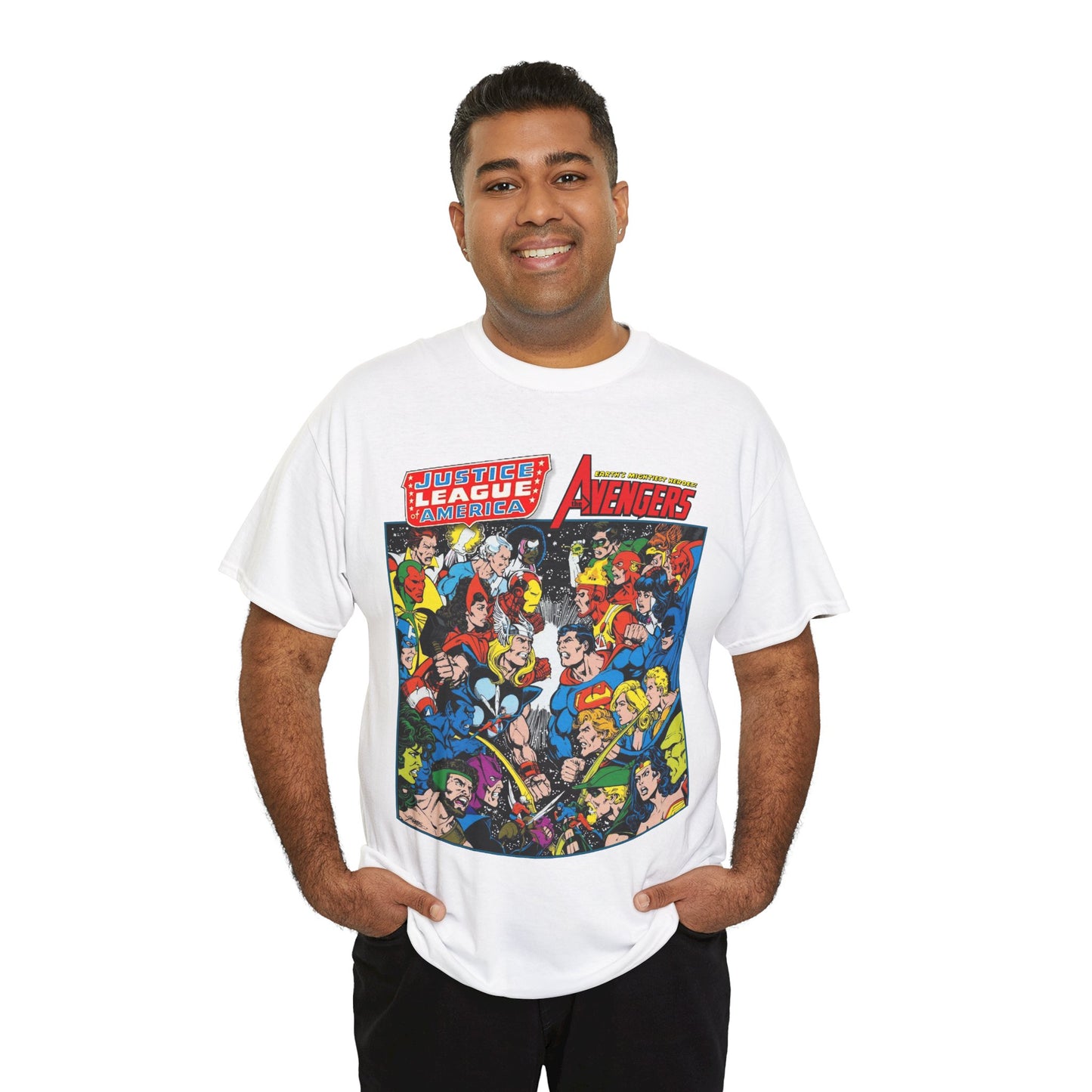 Justice League/Avengers T-Shirt - DC & Marvel Comics Art - George Perez - JLA - Batman, Captain America, Iron Man, Green Lantern