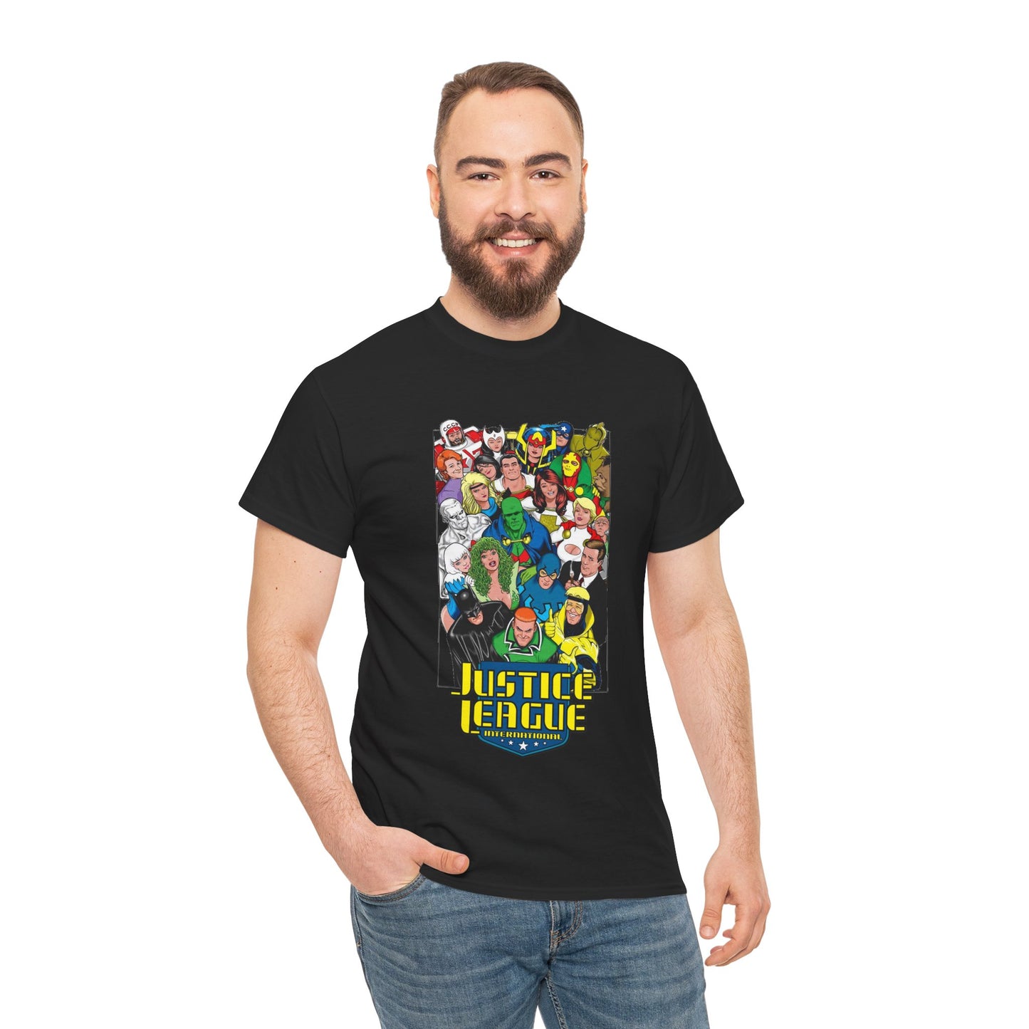 Justice League International T-Shirt - DC Comics - JLI - Kevin Maguire Art - Blue Beetle, Booster Gold, Martian Manhunter, Captain Atom