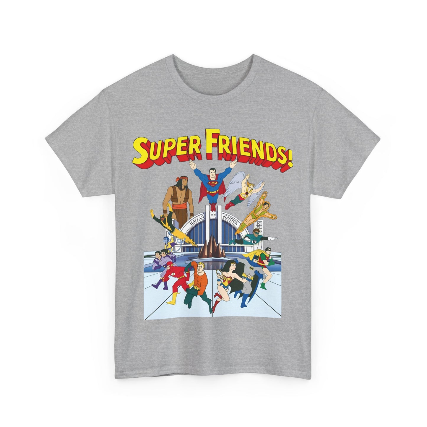 Super Friends T-Shirt - DC Hanna-Barbera - Superman, Wonder Woman, Black Vulcan, Batman, The Wonder Twins, Apache Chief, Hall of Justice