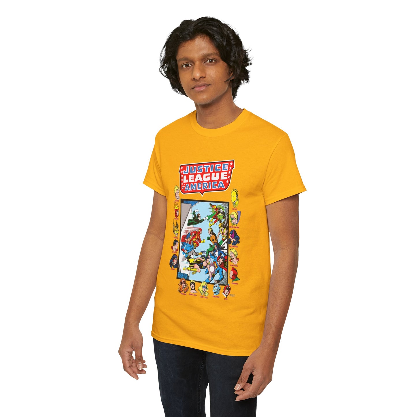 JLA & JSA T-Shirt - George Perez Art - All-Star Squadron - Firestorm, Huntress, Starman, Zatanna, Liberty Belle, Superman, Robotman, Firebrand, Dr Fate - DC Comics