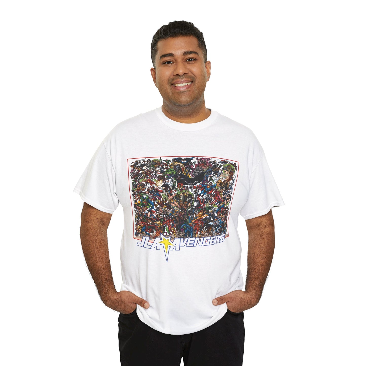 JLA Vs Avengers T-Shirt - Stunning, Classic George Perez Art - DC & Marvel 200s Crossover - Superman, Thor, Wonder Woman, Captain America, Flash, Black Panther, Iron Man, Batman