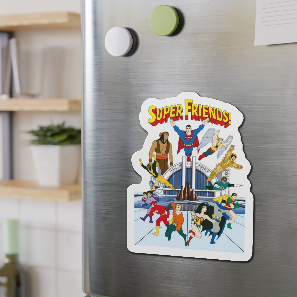 Super Friends Die-Cut Magnet - Beloved 1970s Saturday Morning Cartoon - Superman, Wonder Woman, Flash, Samurai, Green Lantern, Wonder Twins, Black Vulcan, Apache Chief - DC Comics - 3", 4", 5", 6"