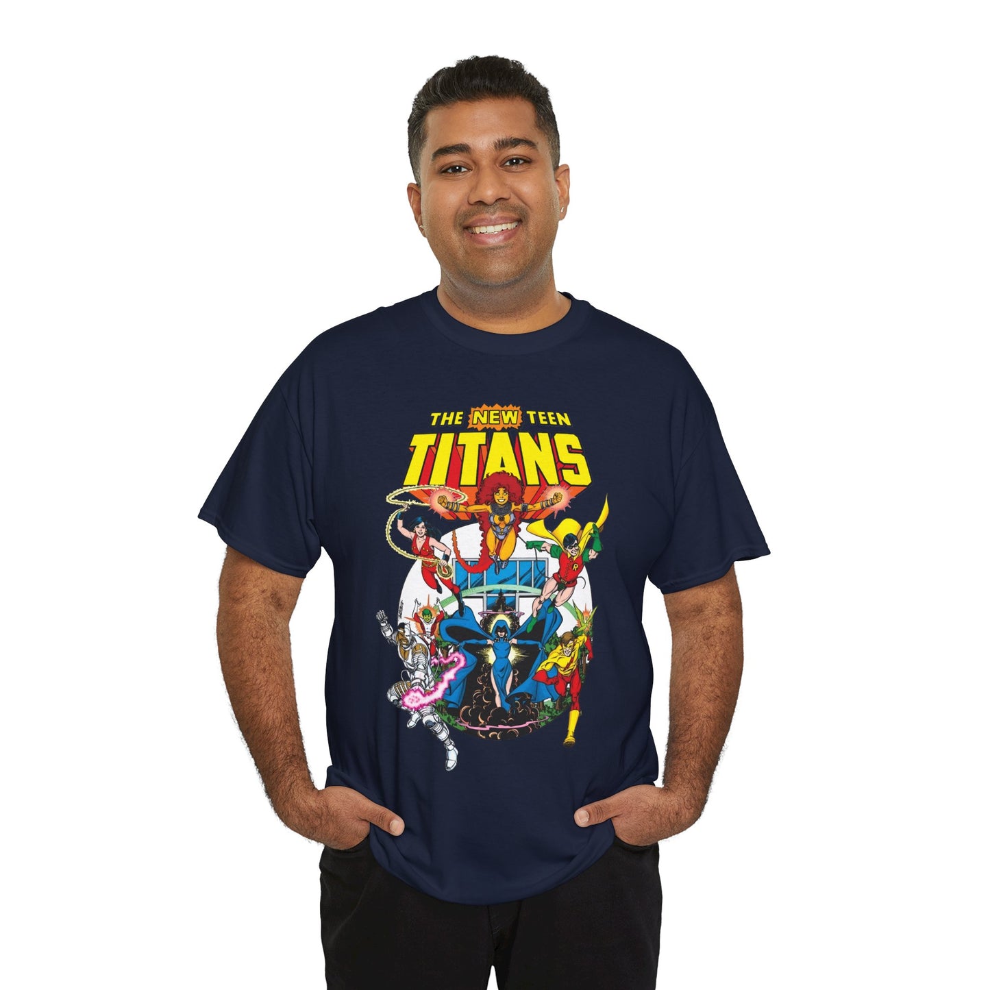 New Teen Titans T-Shirt - Classic George Perez Art - Cyborg, Raven, Starfire, Robin, Wonder Girl, Changeling, Kid Flash - Titans Tower - Popular DC Comics 1980s Series
