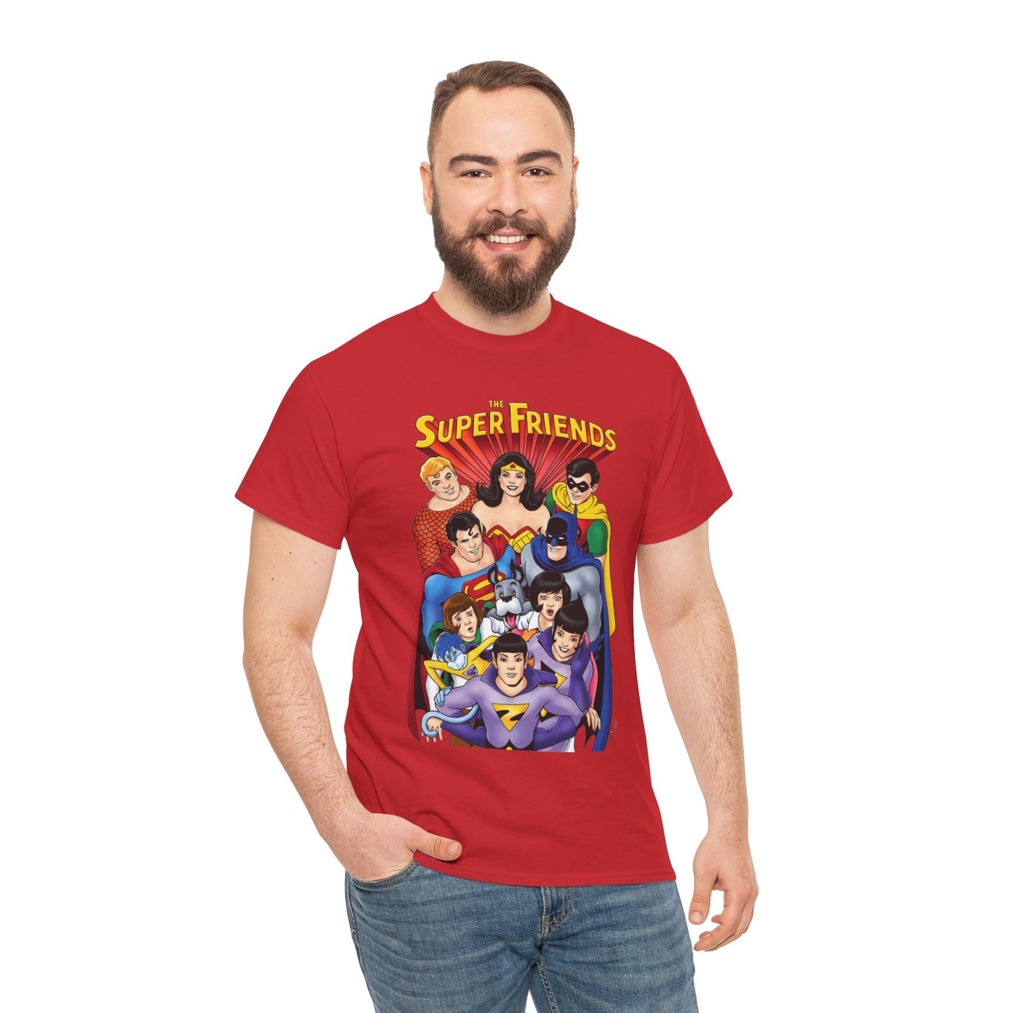 Super Friends T-Shirt - Kevin Maguire Art - Wonder Twins, Gleek, Superman, Wonder Woman Batman - DC Comics - Based on 1970s Hanna-Barbera Cartoon