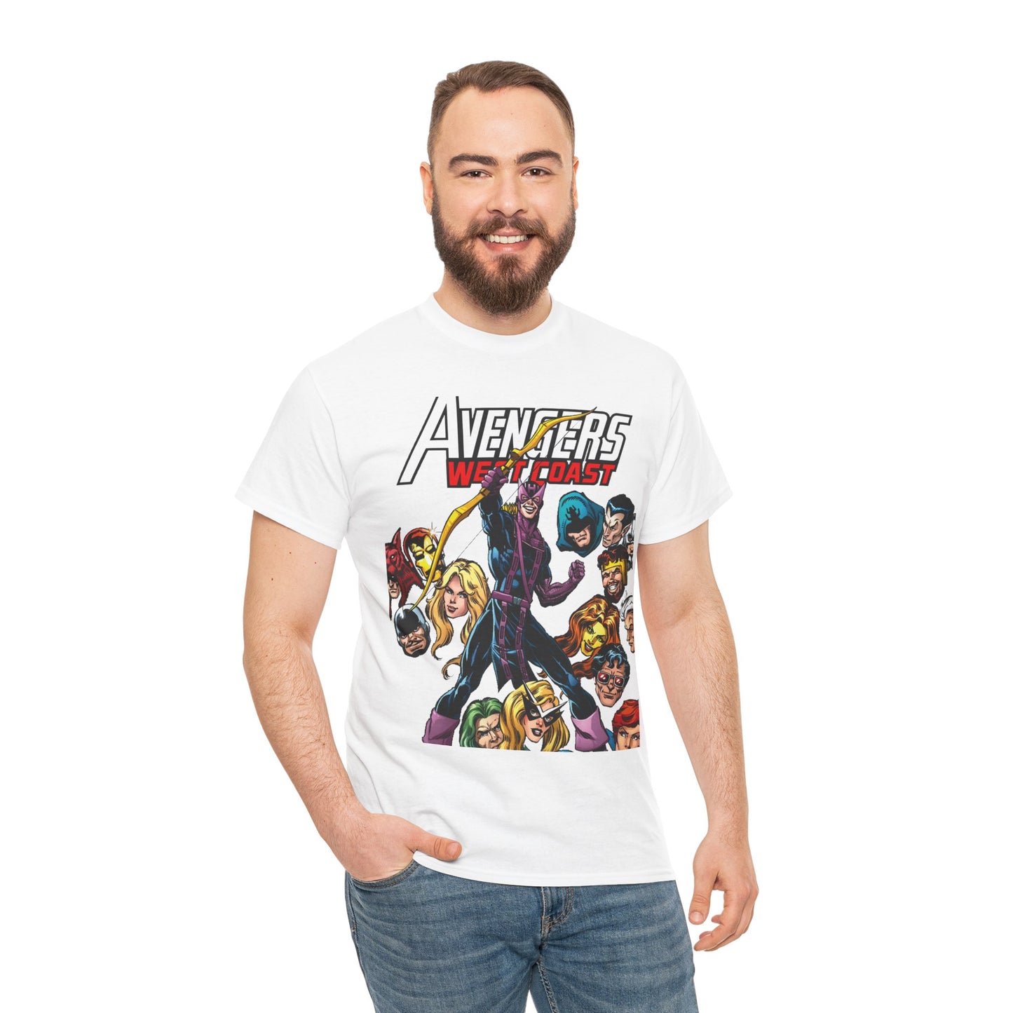Avengers West Coast T-Shirt - Bob Hall Art - Hawkeye, Iron Man, Wonder Man, Tigra, Mockingbird - Marvel Comics Team