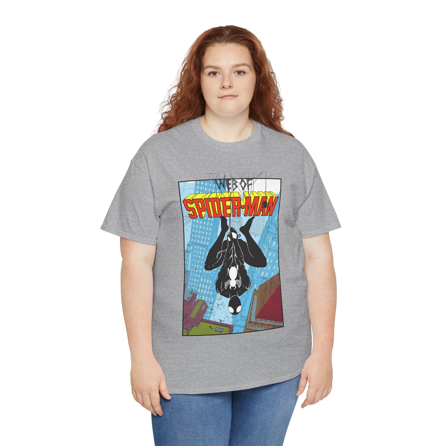 Web of Spider-Man T-Shirt - Charles Vess Art - Peter Parker, Web Slinger - Manhattan Skyline - Spidey Black Suit - Marvel Comics