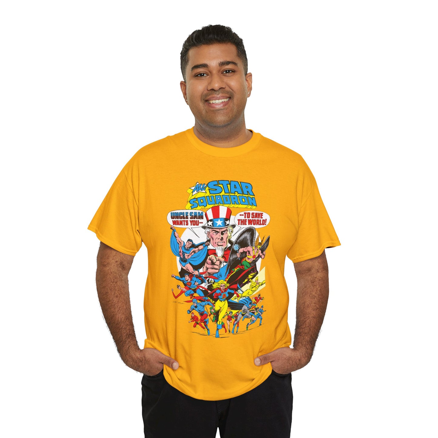 All-Star Squadron T-Shirt - Jerry Ordway Art - Uncle Sam, Hawkman, Superman, Liberty Belle, Black Condor, the Ray, Batman, Plastic Man - JSA Link - DC Comics