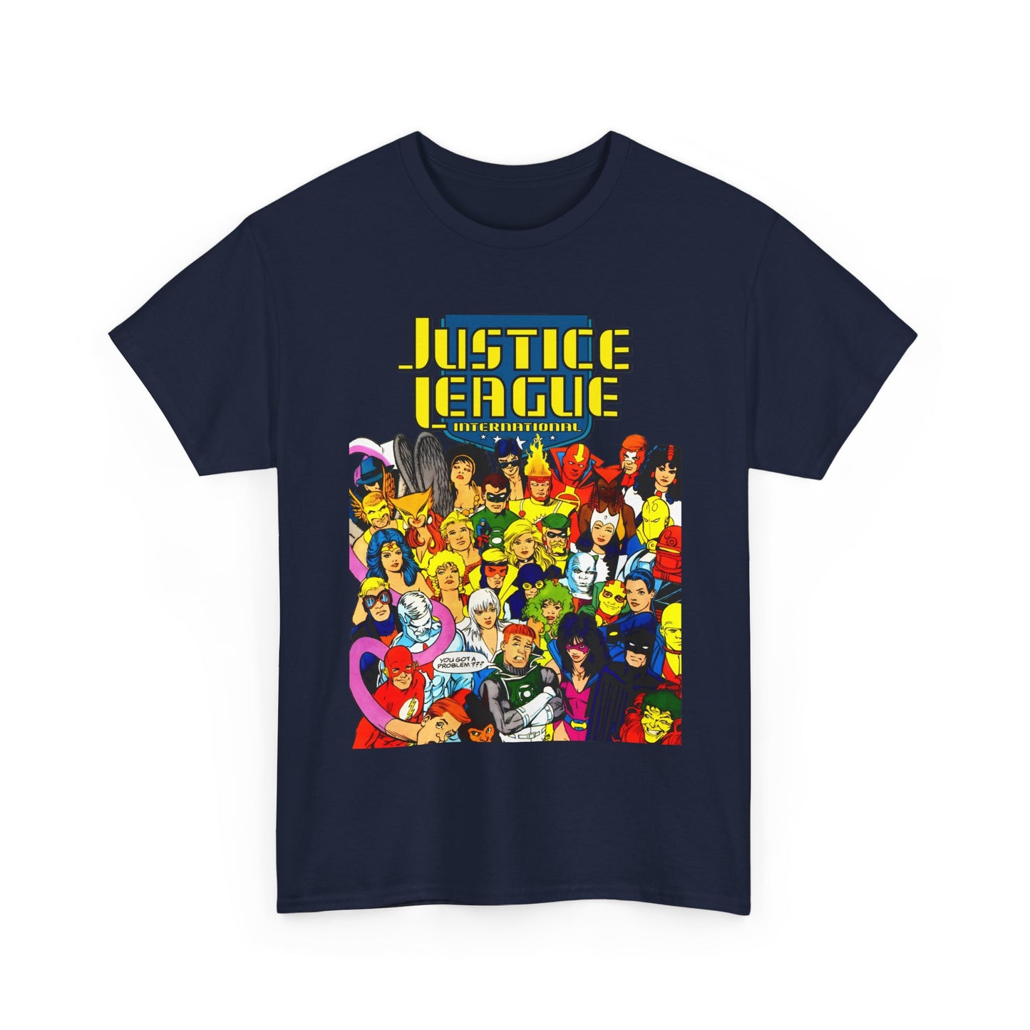 Justice League International T-Shirt - Kevin Maguire DC Comics Sourcebook Art - Booster Gold, Blue Beetle, Batman, Martian Manhunter, Captain Atom, Fire, Ice, Guy Gardner