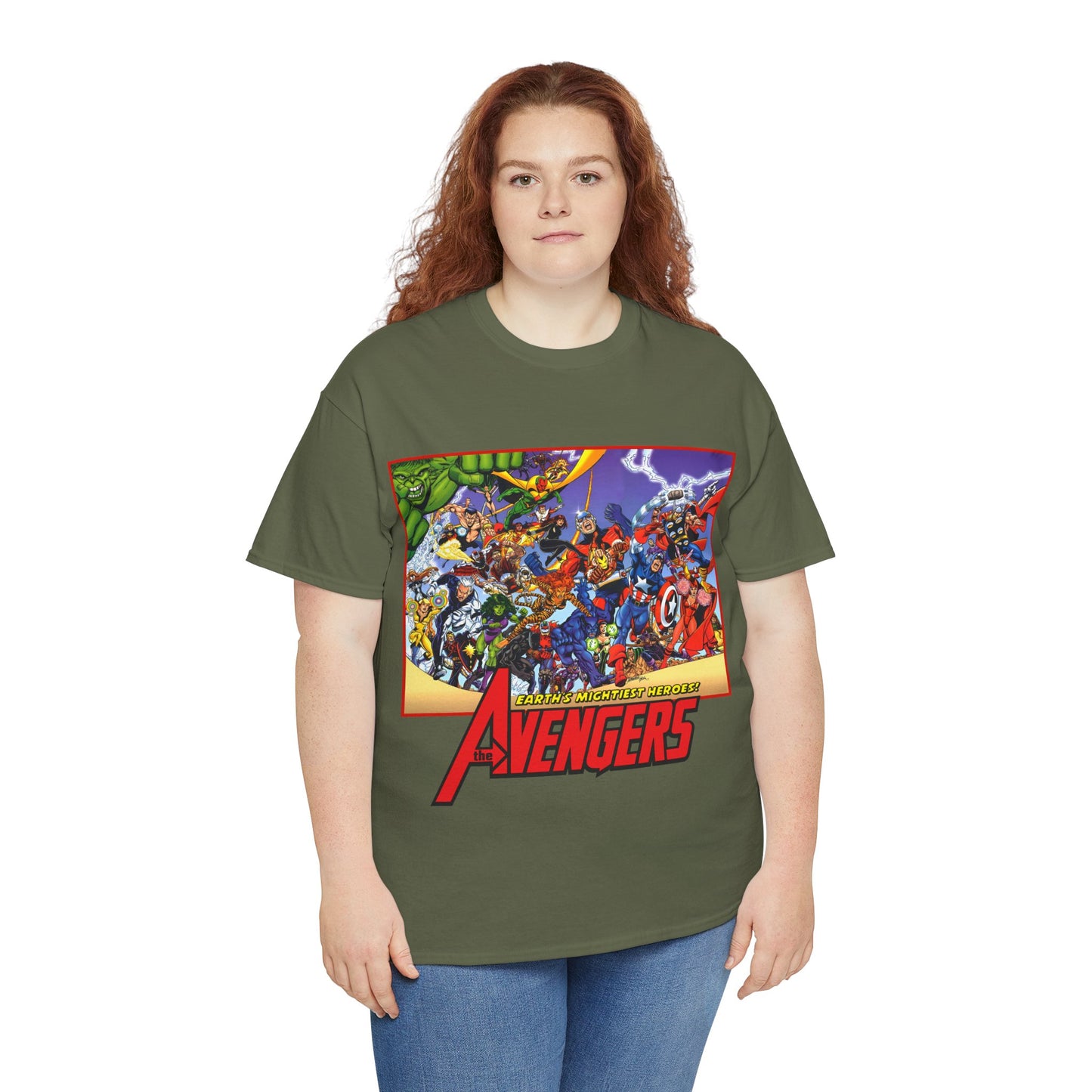 Avengers T-Shirt - George Perez Art - Marvel Comics - Captain America, Iron Man, Thor, She-Hulk, Hawkeye, Vision, Quicksilver - Classic Cover