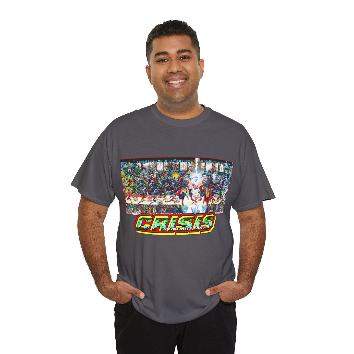 Crisis on Infinite Earths T-Shirt - Jerry Ordway/George Perez Art - Updated 2025 Poster Art - Superman, Wonder Woman, Supergirl, Flash, Harbinger, Pariah, Obsidian, Firestorm - DC Comics