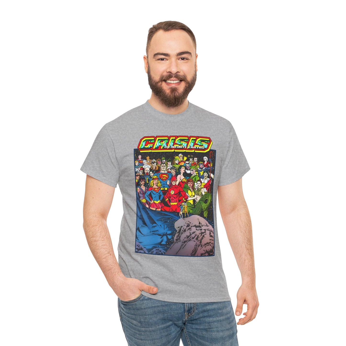 Crisis on Infinite Earths T-Shirt - George Perez Art - Supergirl, Flash, Huntress, Starman, Earth 3 Luthor, Lori Lemaris, Aquagirl, Earth 2 Robin - DC Comics